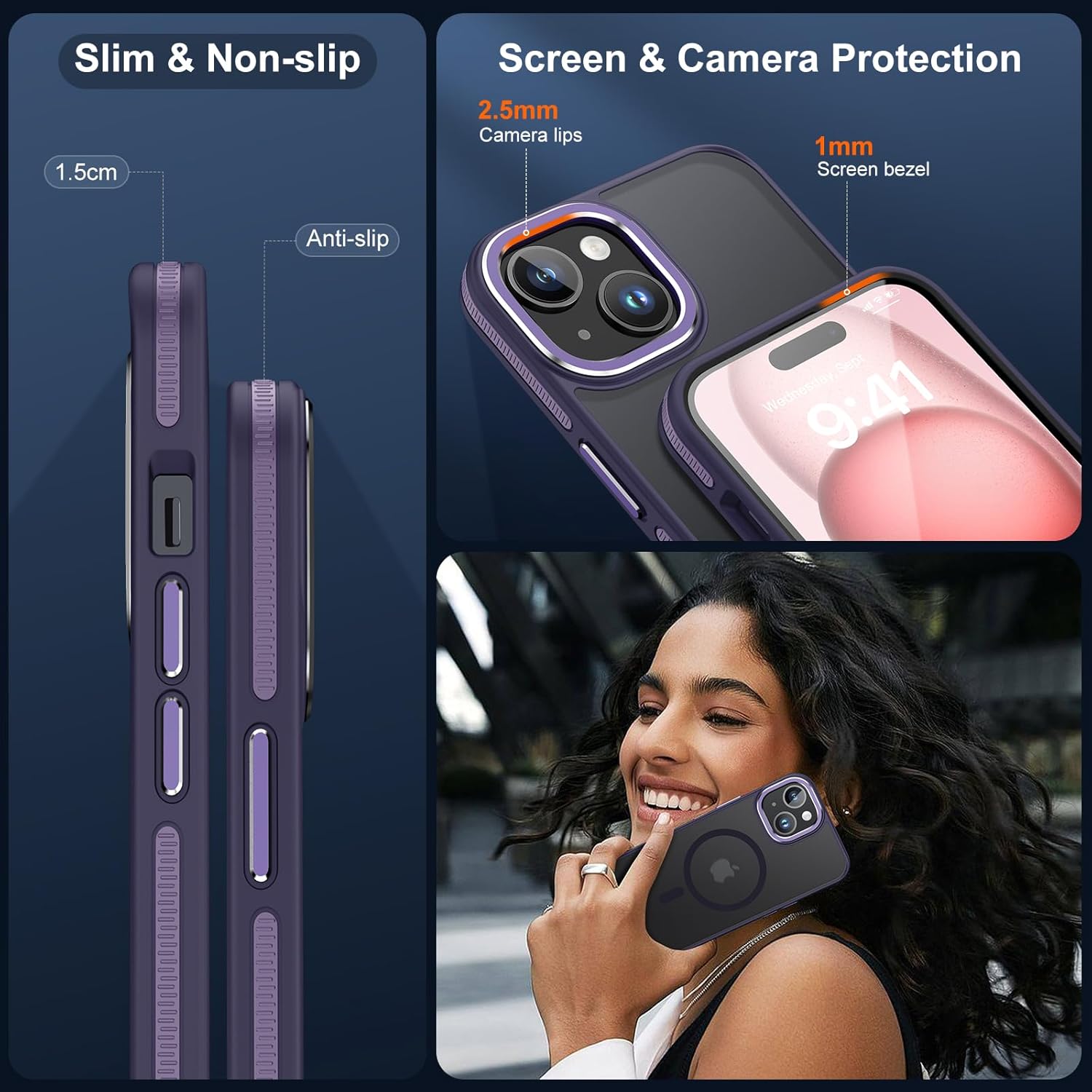 JAME Funda para iPhone 15, iPhone 15 con 2 protectores de pantalla de vidrio templado, compatible con Magsafe, protección de grado militar, funda