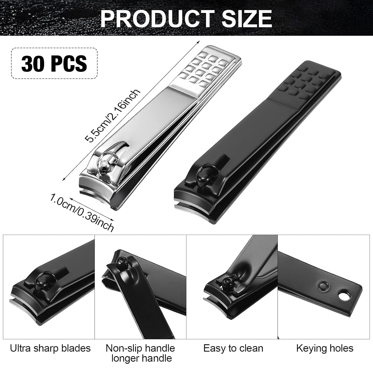 Juego de 50 cortaúñas de acero inoxidable para mujeres y hombres, uñas gruesas, color negro y plateado
