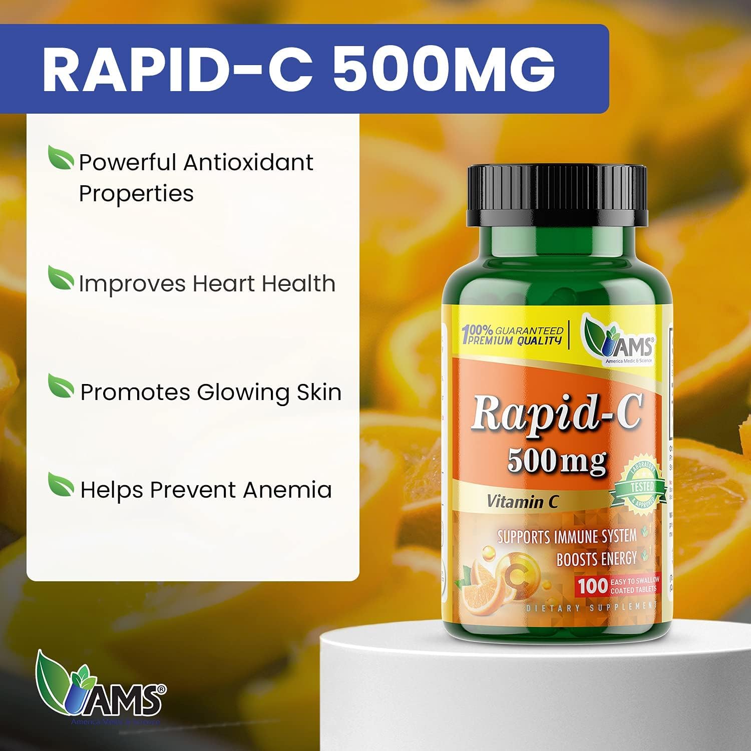 America Medic & Science Rapid-C – Suplemento de vitamina C de 500 mg (paquete de 3 100 tabletas), refuerzo de energía, apoyo diario del sistema