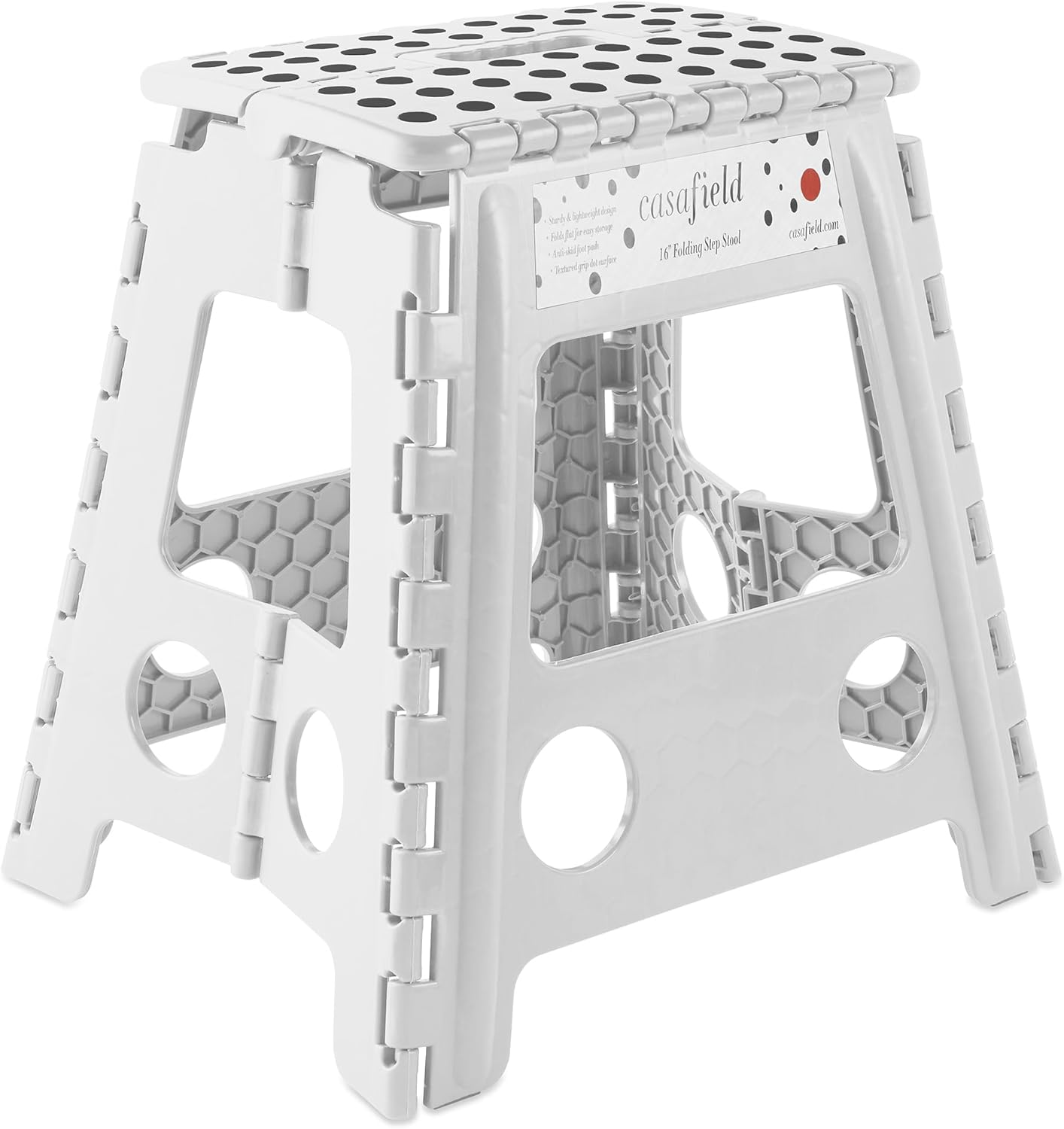 Casafield Taburete plegable de 16 pulgadas con asa, blanco, portátil, plegable, pequeño taburete de plástico para adultos, uso en la cocina, baño y