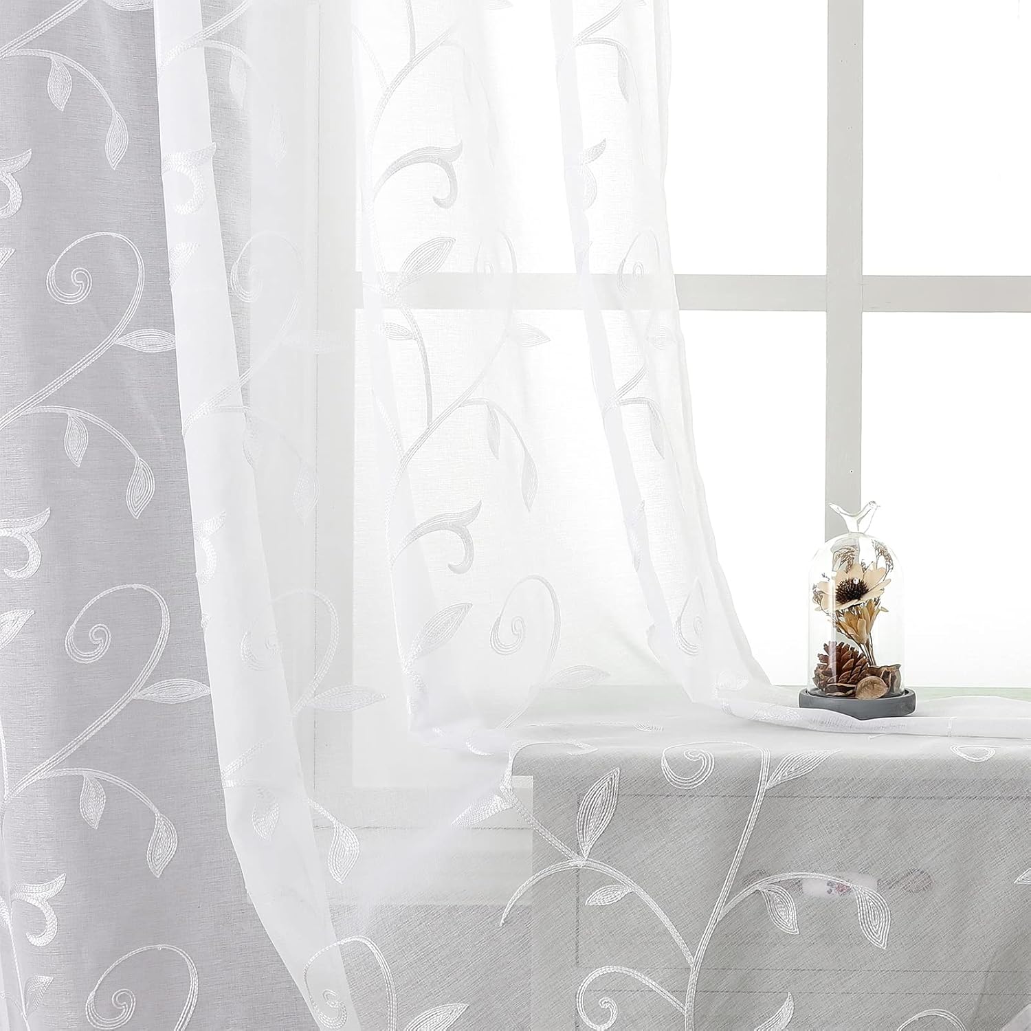 VISIONTEX – Cortinas de gasa transparente blanca, diseño blanco bordado de lino sintético, bolsillo para barra, para el hogar, cocina, sala de estar