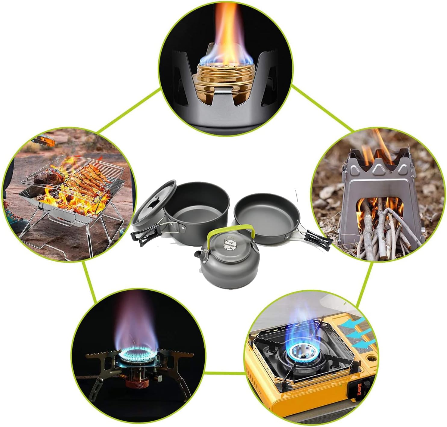 Adviarsim Kit de utensilios de cocina de aluminio para acampar al aire libre, juego de cocina plegable, tetera y sartén, ollas ligeras