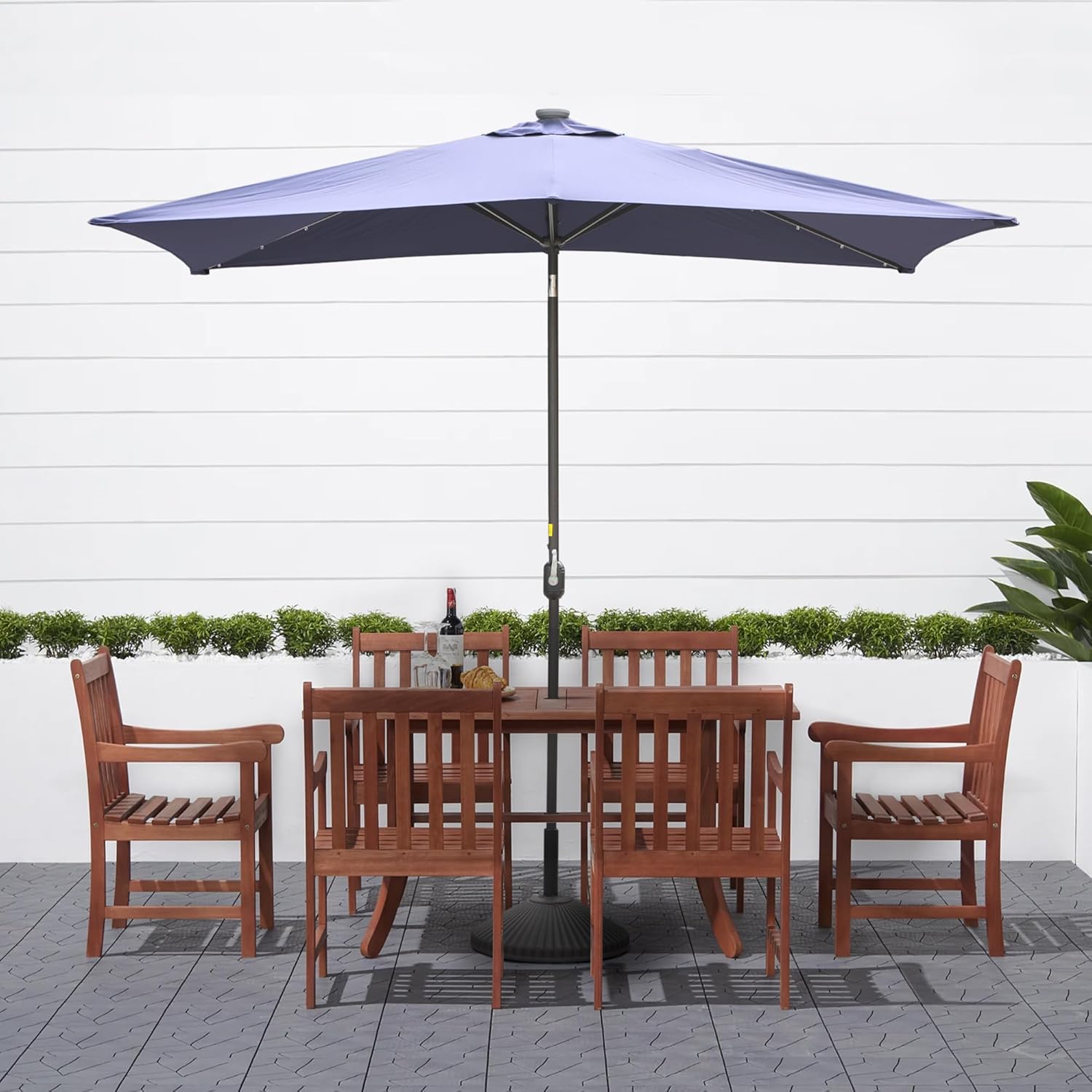 Sombrilla rectangular de 10 x 6 pies 5 pies con luz LED, sombrilla para exteriores, sombrilla de mesa de mercado con botón de inclinación y manivela