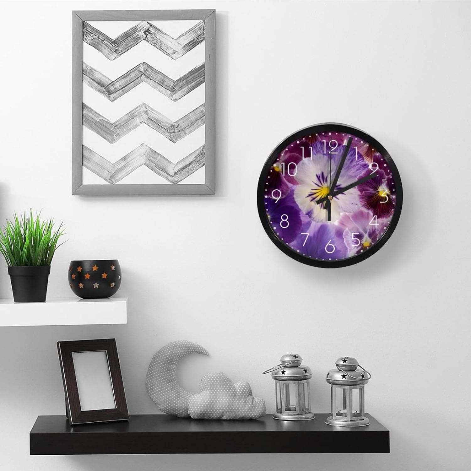 Reloj de pared, diseño de flores moradas, 9.8 pulgadas, silencioso, sin tictac, fácil de leer, moderno, decorativo, para el hogar, la oficina, la