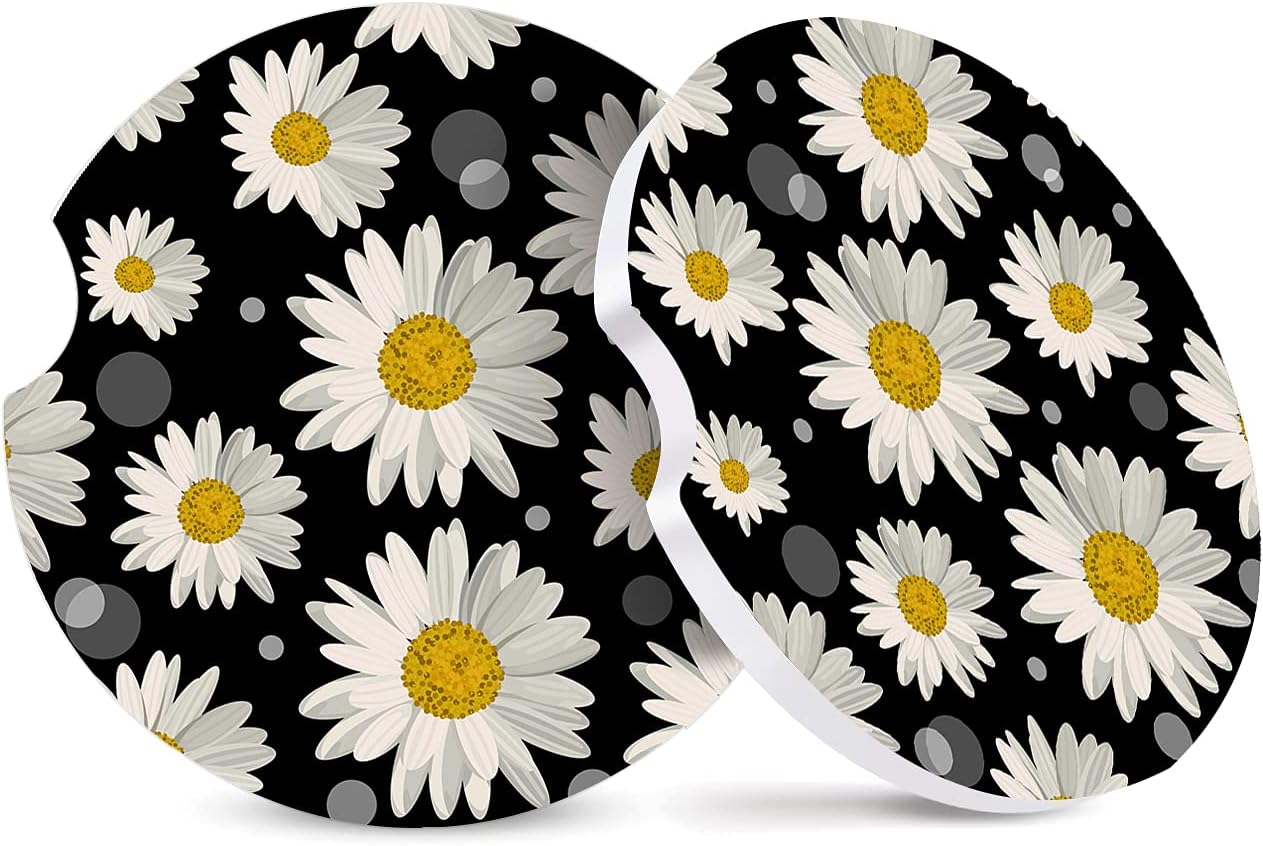 Paquete de 2 posavasos absorbentes para portavasos de automóvil, posavasos de cerámica con diseño de margarita blanca con parte trasera de corcho y