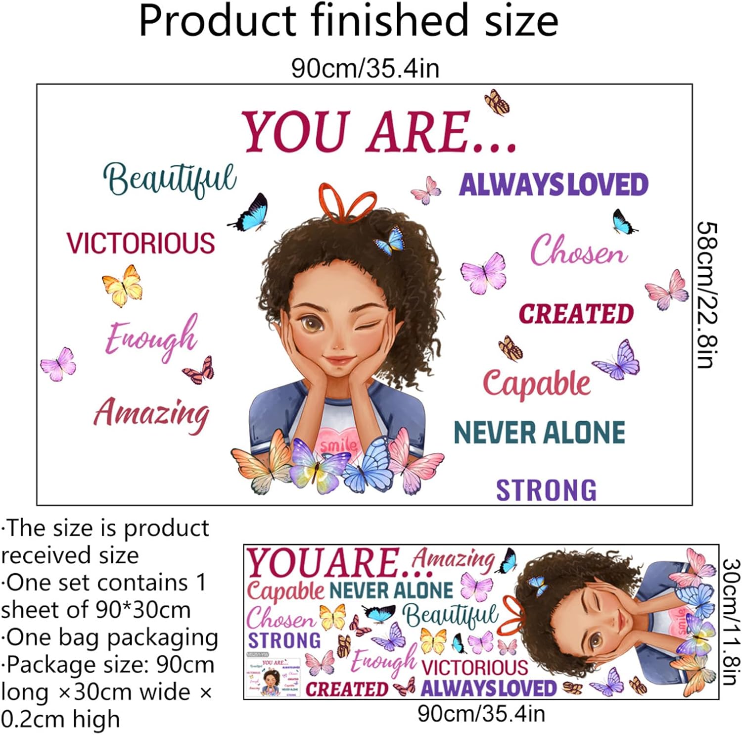 Calcomanía de pared con diseño de mariposa religiosa de niña negra, frase positiva afroamericana con texto en inglés “You are Beautiful”, decoración