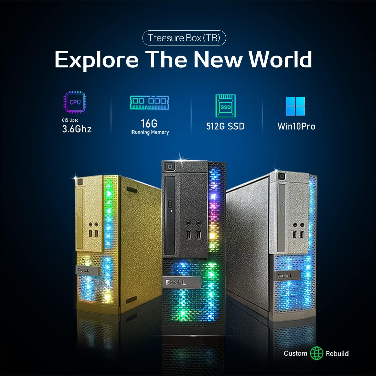 Dell PC Treasure Box RGB Computadora de escritorio Intel Quad Core I5 hasta 3.6G, 16G, 512G SSD, WiFi y Bluetooth, teclado y mouse RGB para juegos,