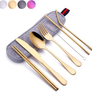 Juego de utensilios de viaje reutilizables con estuche (dorado), juego de cubiertos de viaje, juego de cubiertos portátil de acero inoxidable de 8 Juego de utensilios de viaje reutilizables con estuche (dorado), juego de cubiertos de viaje, juego de cubiertos portátil de acero inoxidable de 8