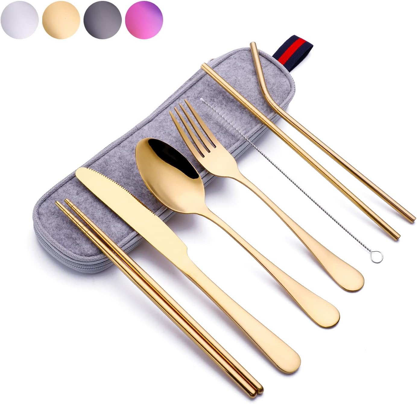 Juego de utensilios de viaje reutilizables con estuche (dorado), juego de cubiertos de viaje, juego de cubiertos portátil de acero inoxidable de 8
