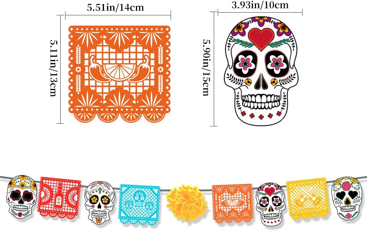 29 unidades de Día de los Muertos Papel Picado Banner Halloween Calavera de Azúcar Pancarta de papel colorido Dia De Los Muertos guirnalda para
