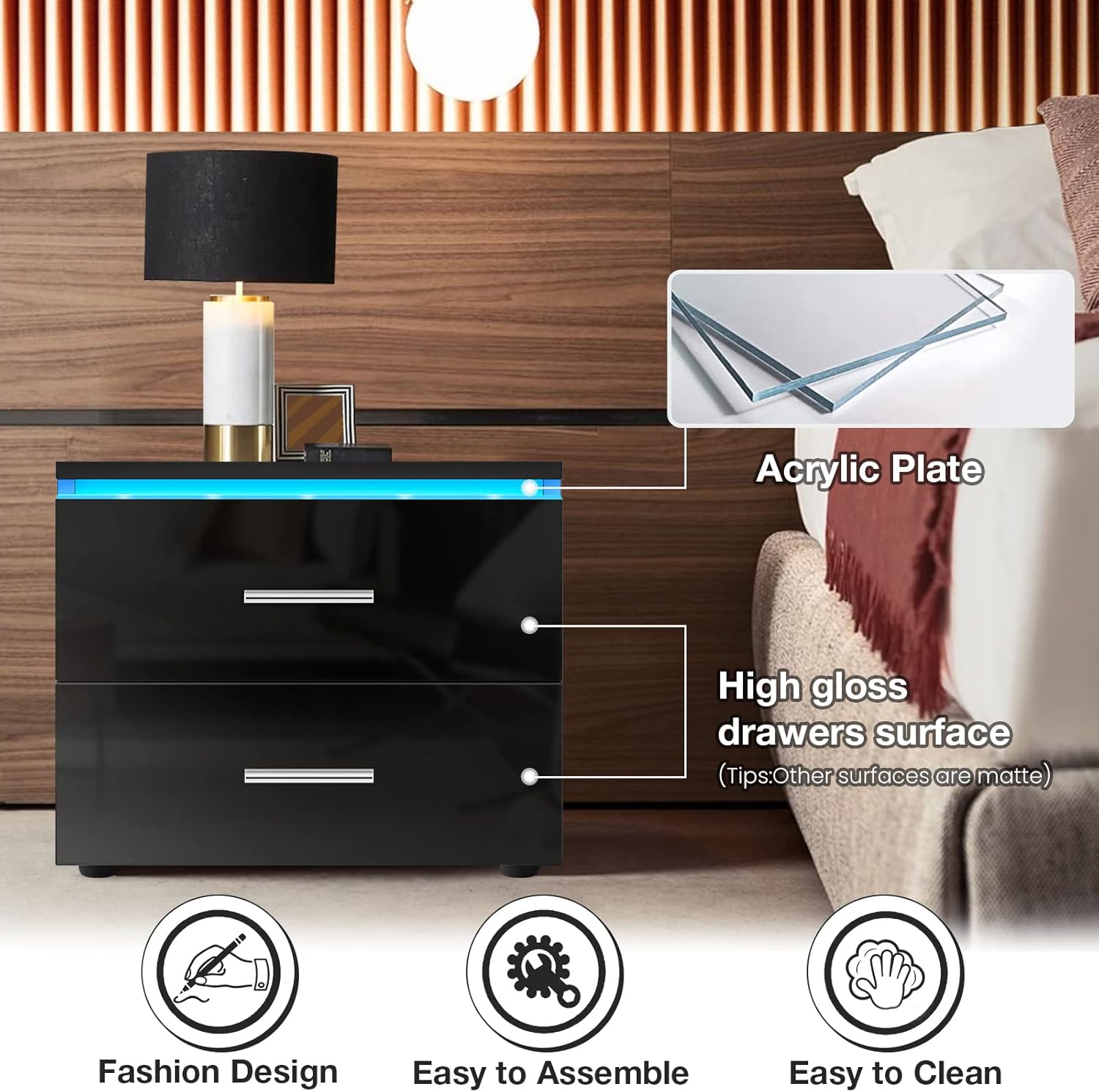 HOMMPA Mesita de noche pequeña con 2 cajones, mesita de noche LED negra, mesita de noche moderna con luz LED para dormitorio de niños, mesa de noche