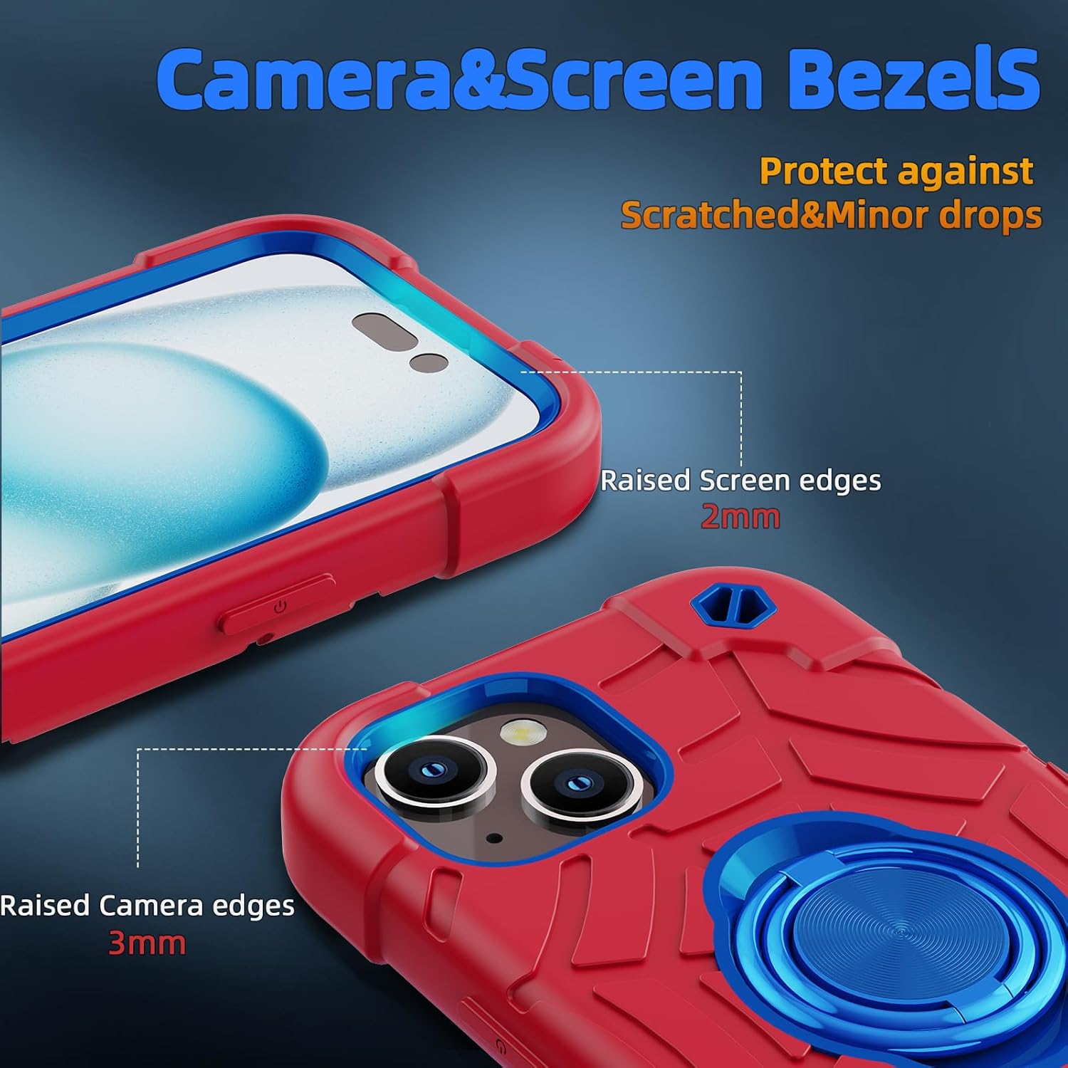 KCJ Funda compatible con iPhone 15 Plus14 Plus con 2 protectores de pantalla soporte de anillo silicona suave + policarbonato duro, protección de