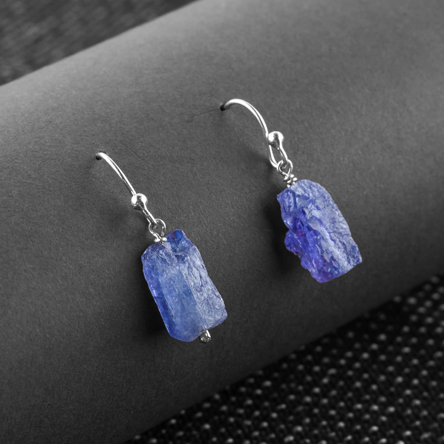InfinityGemsArt Purple Tanzanite Gemstone Earrings Pair, Natural Raw Crystal, Dangle & Drop, Birthstone, Energy Healing Crystals Jewelry in Rhodium