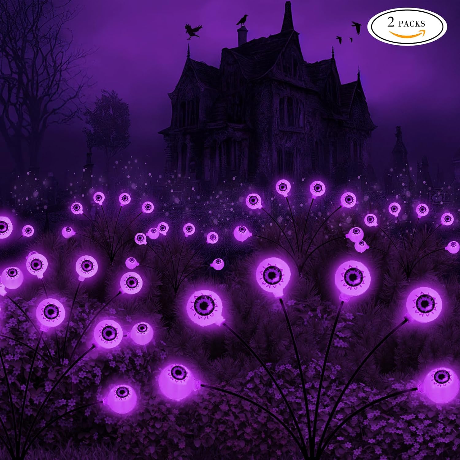 Decoraciones de Halloween para exteriores, luces solares de globo ocular aterrador, 2 paquetes de 12 luces LED moradas, luces solares impermeables