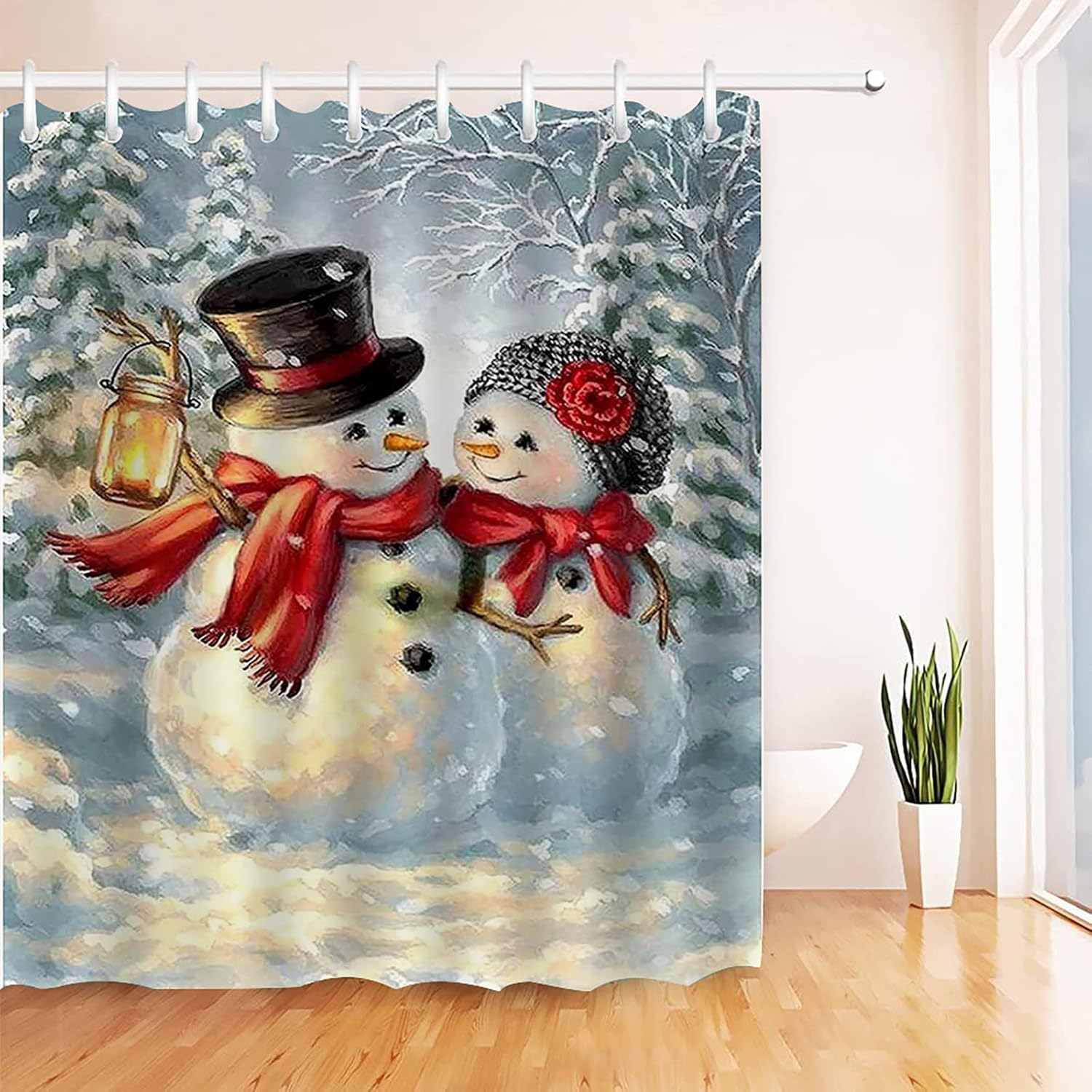 Juego de cortina de ducha de Navidad para decoración de baño, tela impermeable, lindo muñeco de nieve con temática de Papá Noel, cortinas de bañera