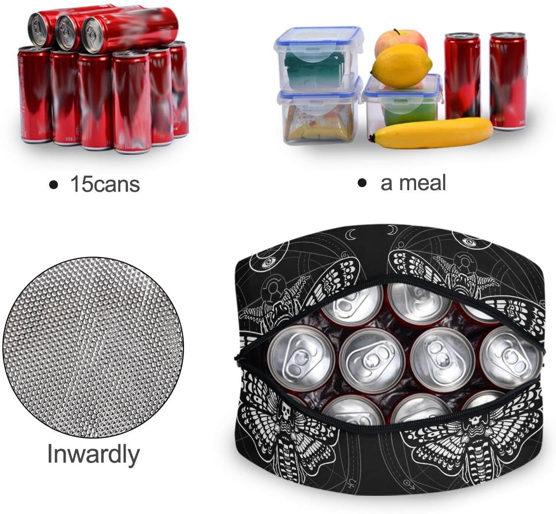 MNSRUU Bolsa de almuerzo para mujeres y hombres, bolsa de almuerzo térmica reutilizable con diseño de polilla de calavera negra, bolsa enfriadora