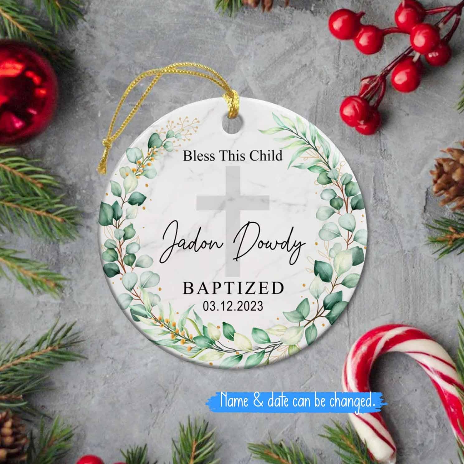 Bless This Child Baptized Christmas – Adorno de cerámica personalizado para el bautismo de Dios bendiga el bautismo, adorno floral personalizado,