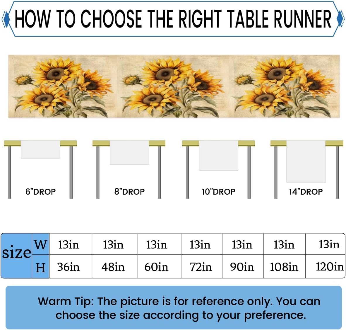 Table Runner Rustic Sun Flowers, Rustic Linen Table Cloth for Farmhouse Kitchen, Dinner, Events, Party, Holiday Table Decor 13 x 36 Inches