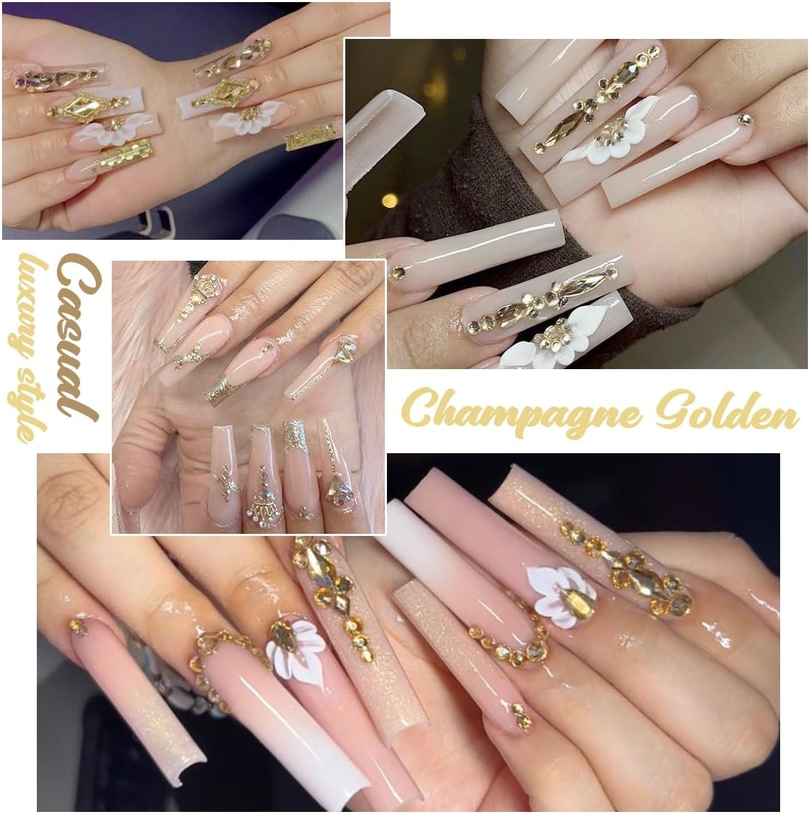 24 estilos de diamantes de imitación de uñas dorado champán multiformas con parte trasera plana, gemas redondas K9, piedras de vidrio, diamantes,