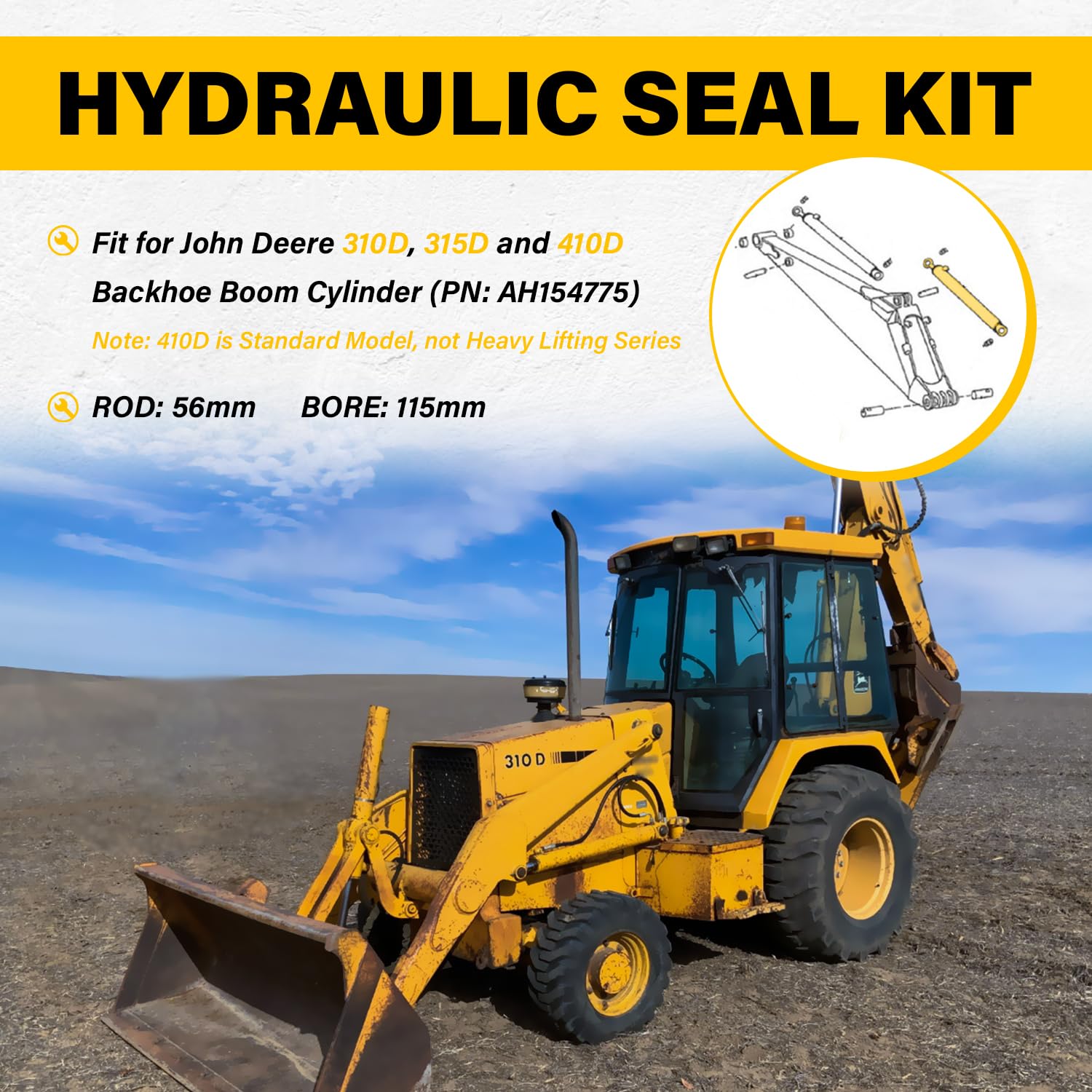 Kit de sello hidráulico apto para cilindro de pluma de retroexcavadora John Deere 310D 315D 410D (rodo 2.205 in BORE 4.528 in)