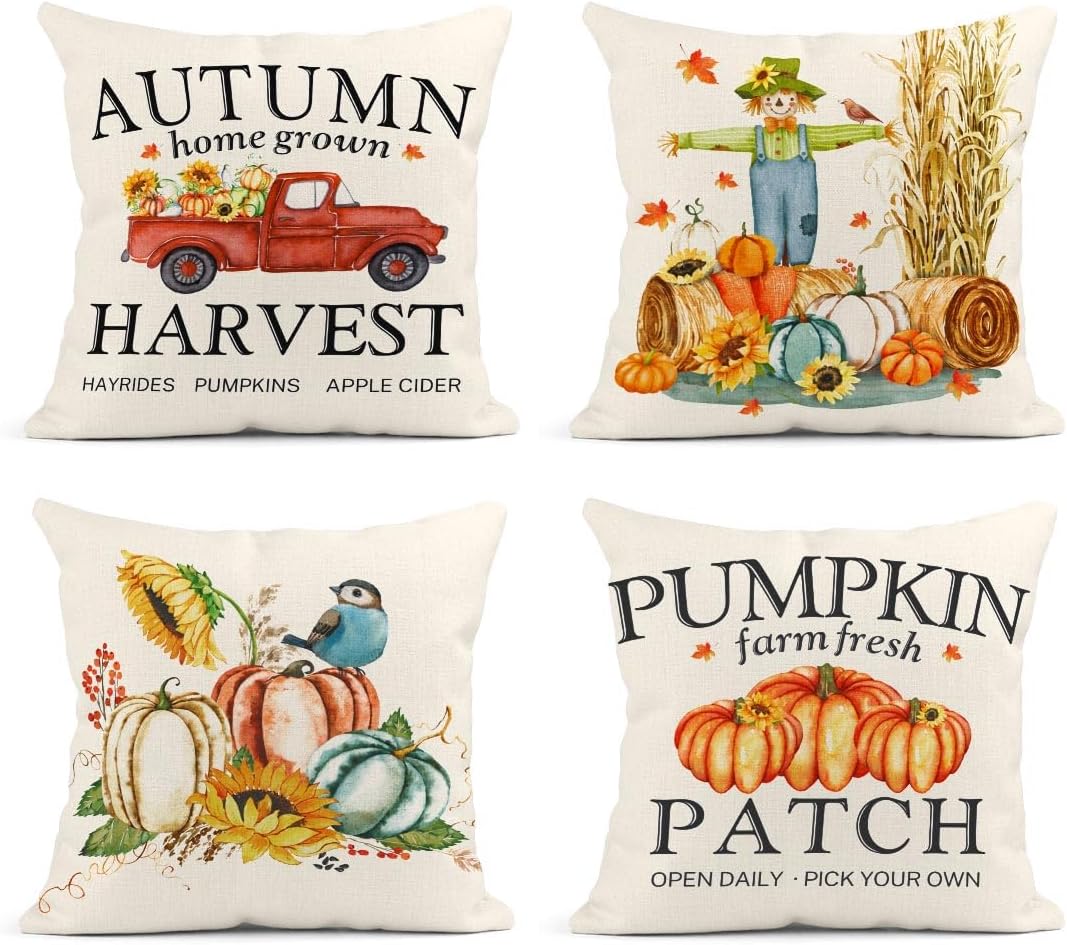 Fundas de almohada otoñales de 18 x 18 pulgadas, diseño de calabaza, espantapájaros, granja, día de Acción de Gracias, decoración del hogar, juego