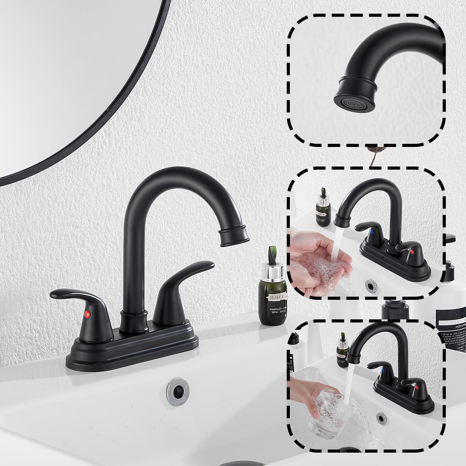 GGStudy – Grifo de baño negro mate con 2 asas de 4 pulgadas, juego central negro para autocaravana, con montaje de drenaje y manguera de suministro,