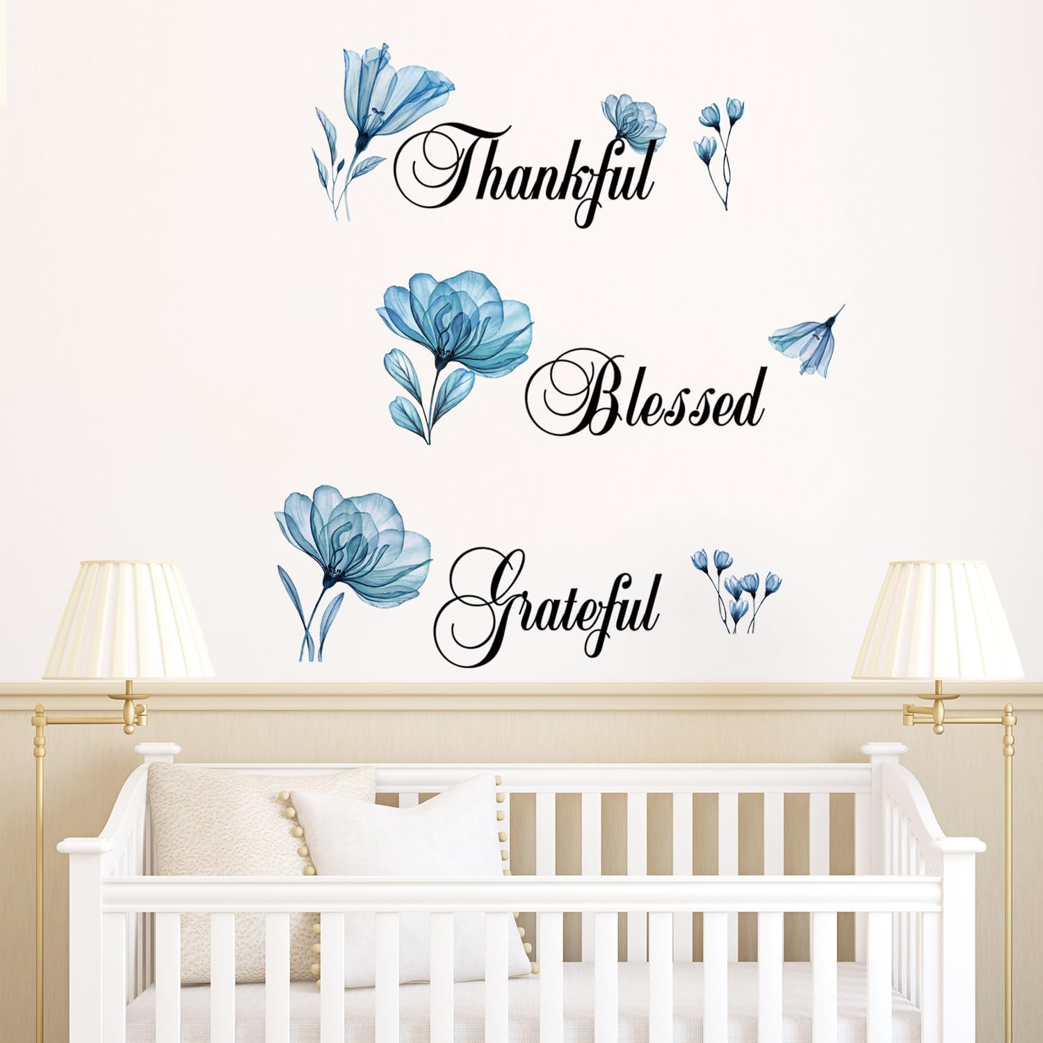Thankful Grateful Blessed – Adhesivo decorativo motivacional para pared, diseño de flores azules, mariposas, despegar y pegar, decoración de pared