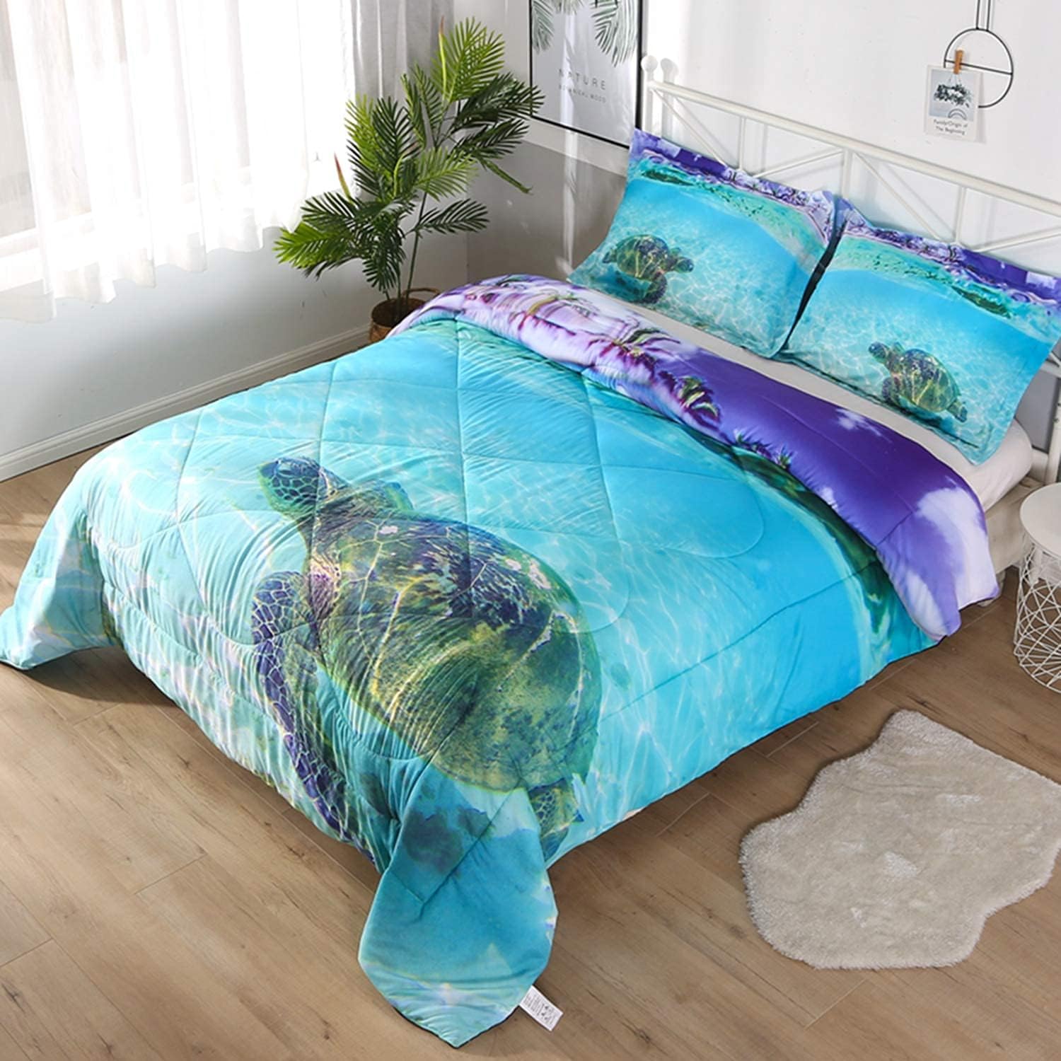ENCOFT Juego de edredón de tortuga para niños, juego de ropa de cama matrimonial para niñas y niños, juego de ropa de cama de 3 piezas, color azul