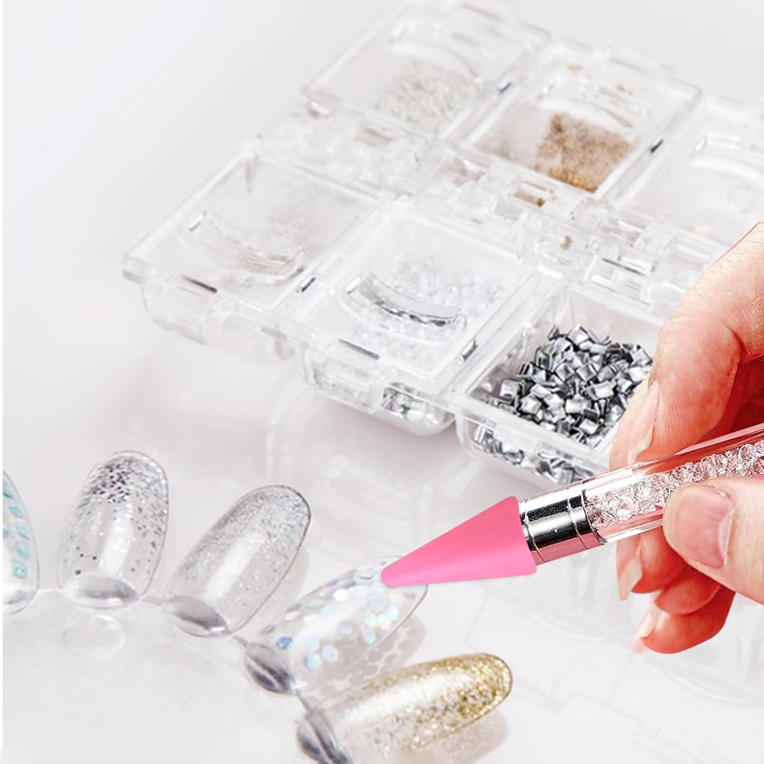 12 piezas de puntas de cabeza de repuesto de cera de diamantes de imitación, herramienta para puntear de uñas, para recoger gemas de uñas, lápiz de