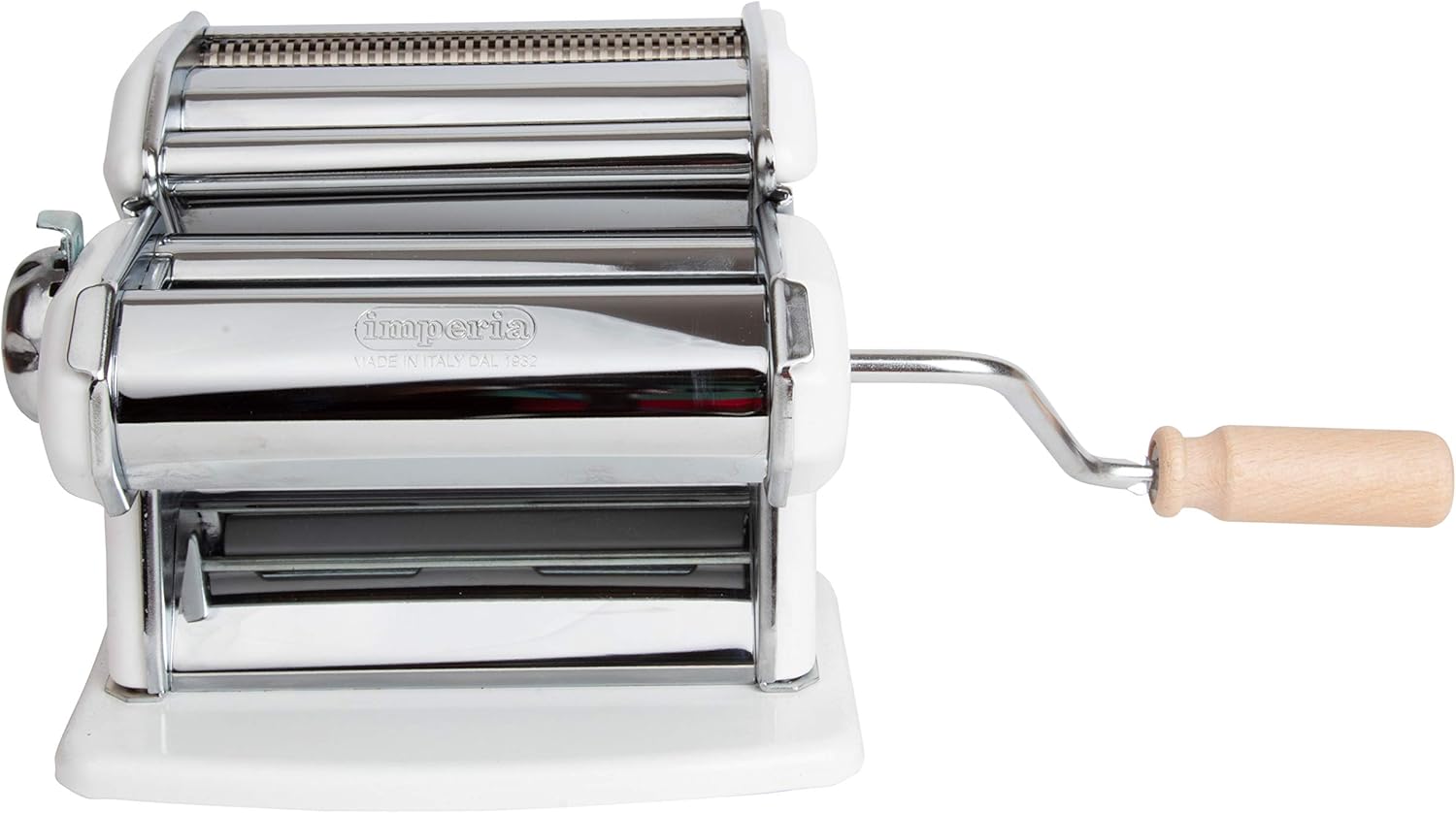 Imperia Máquina para hacer pasta, color blanco, fabricada en Italia, construcción de acero resistente con esfera de fácil bloqueo, mango de agarre