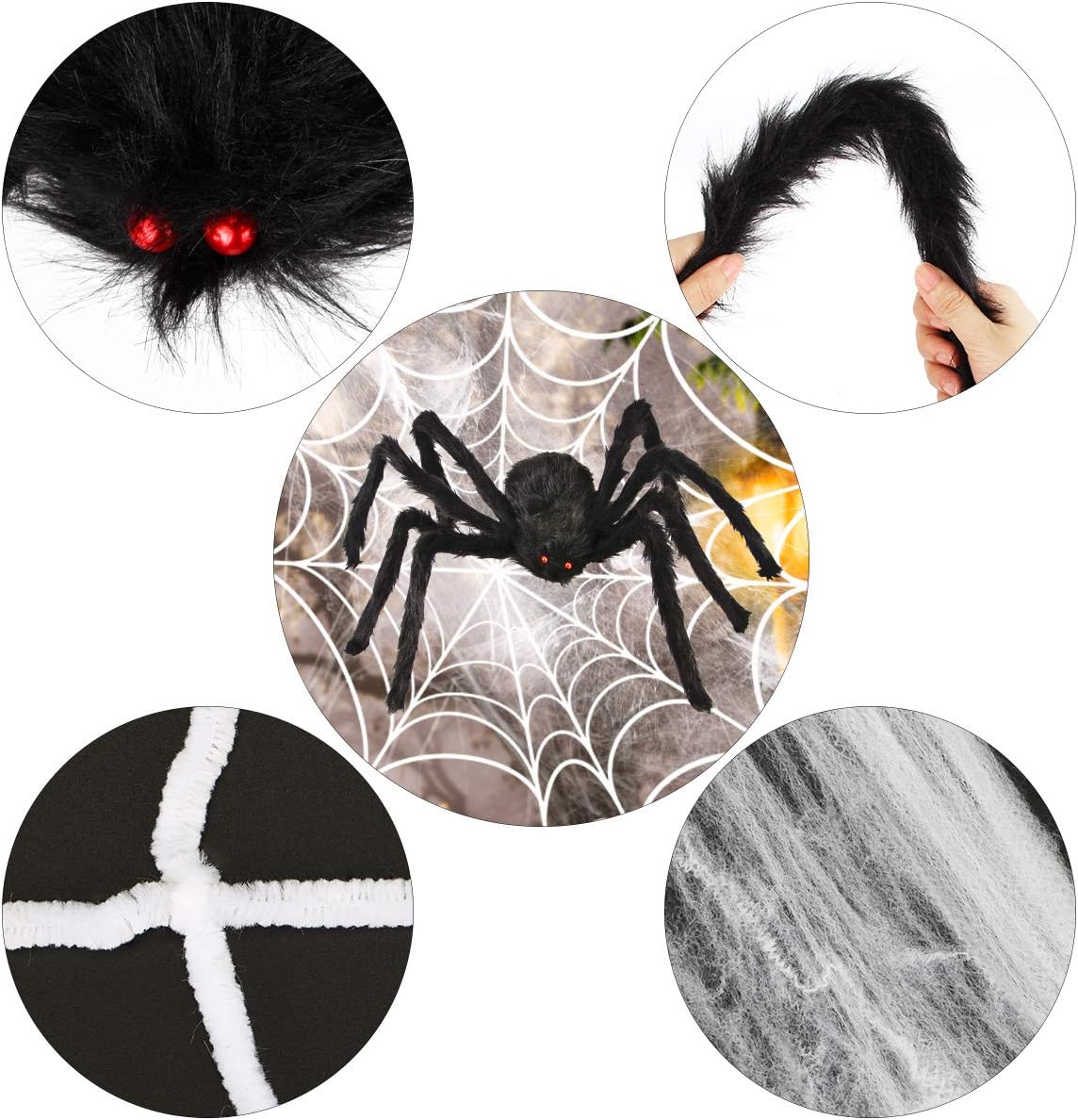 Decoraciones de araña de Halloween, juego de araña gigante aterradora de Aitey con 4 arañas falsas grandes, tela de araña, 20 arañas pequeñas de