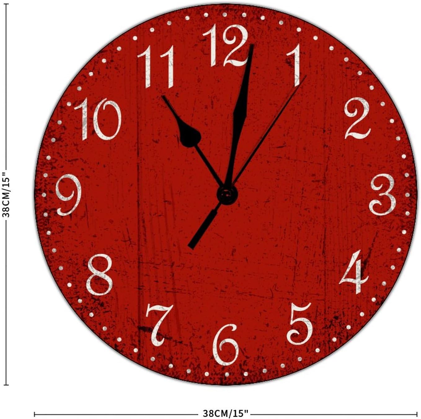 Reloj de pared rojo rústico de madera roja para sala de estar, funciona con pilas, reloj de pared silencioso de 15 pulgadas, reloj redondo retro