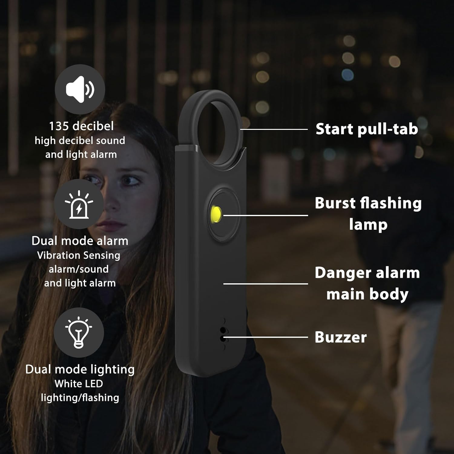 Alarma de seguridad personal para mujeres, llavero de defensa personal para mujeres, dispositivos de protección recargable, luz estroboscópica de