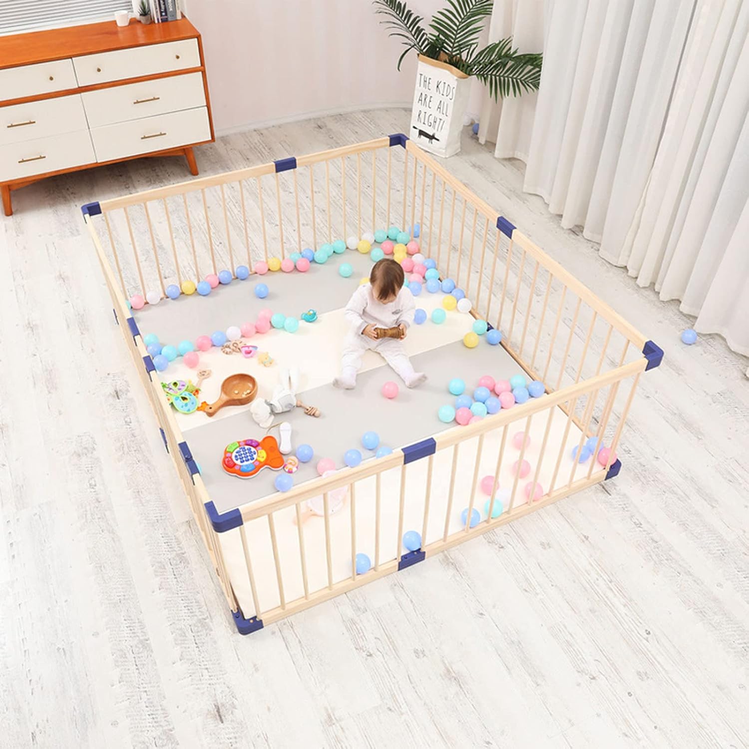 Jolan Corralito para bebés de madera, fácil de instalar y quitar, corralito de seguridad para niños pequeños con puerta, cerca de centro de