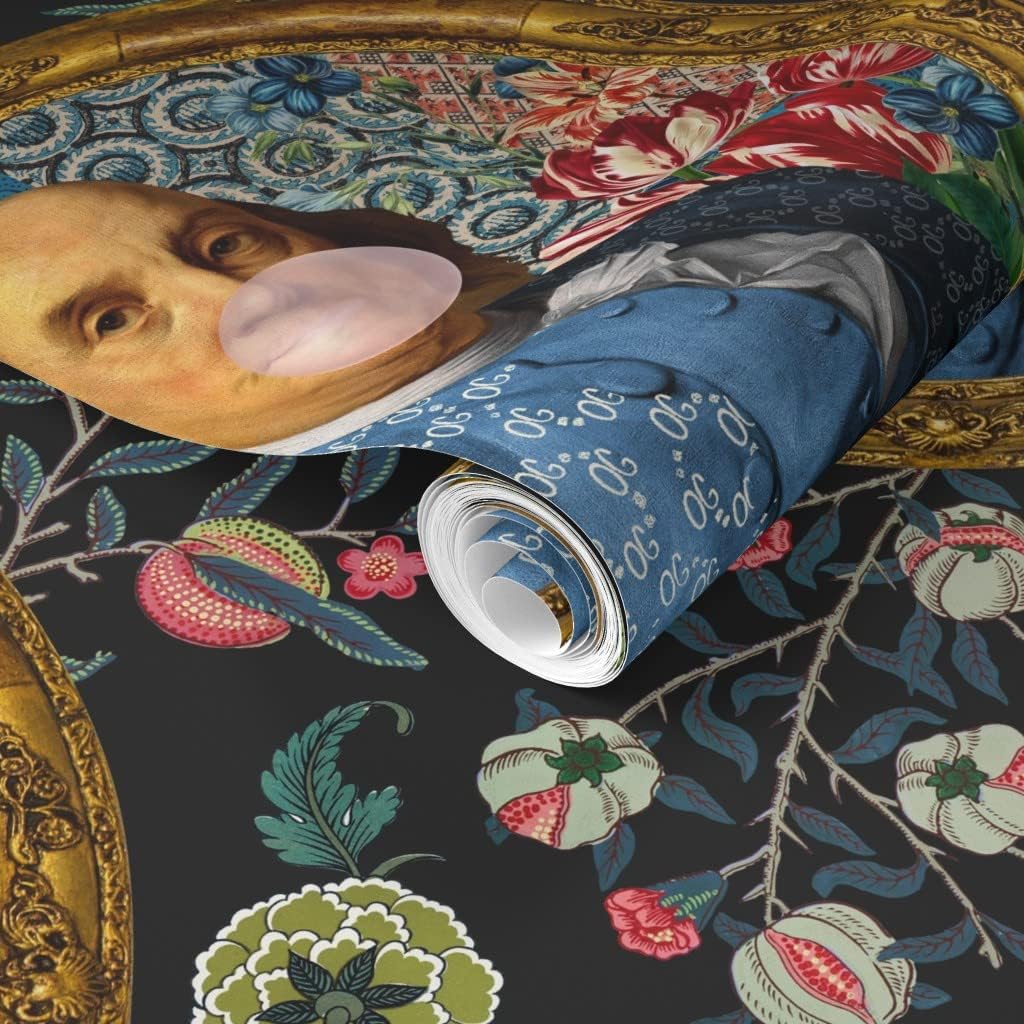Spoonflower Muestro de papel tapiz extraíble – Bubblegum Ben Franklin Presidente Floral Print Charcoal Novedad Papel pintado personalizado pre-pegado