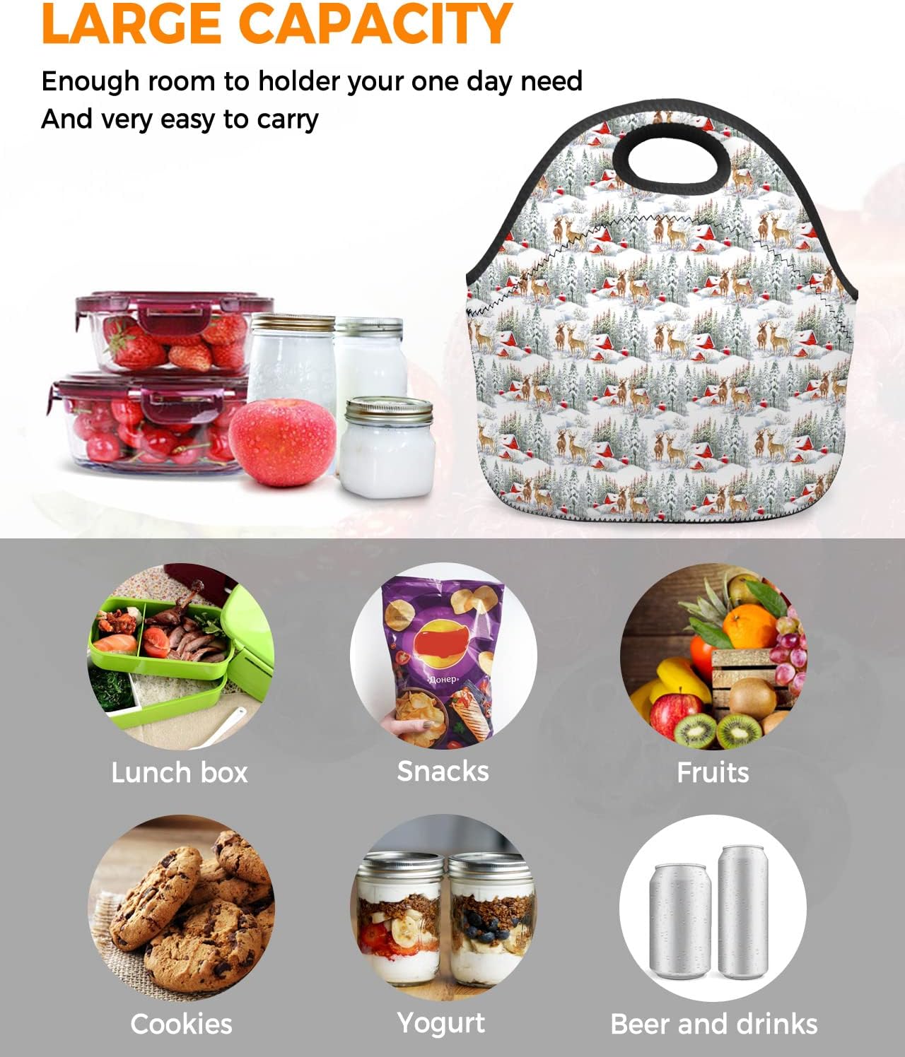 Bolsa de almuerzo reutilizable de neopreno, con diseño de reno y pino de Navidad, suave y térmica, ligera, lavable, aislada, para mujereshombres,