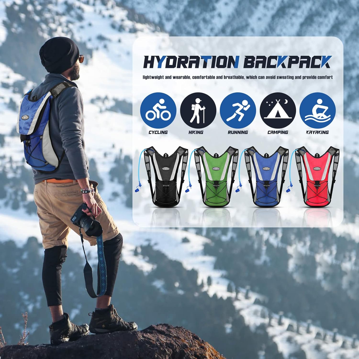 Paquete de 4 mochilas de hidratación con bolsa de agua de 2 L, paquete de hidratación con vejiga de hidratación, senderismo, correr, ciclismo,