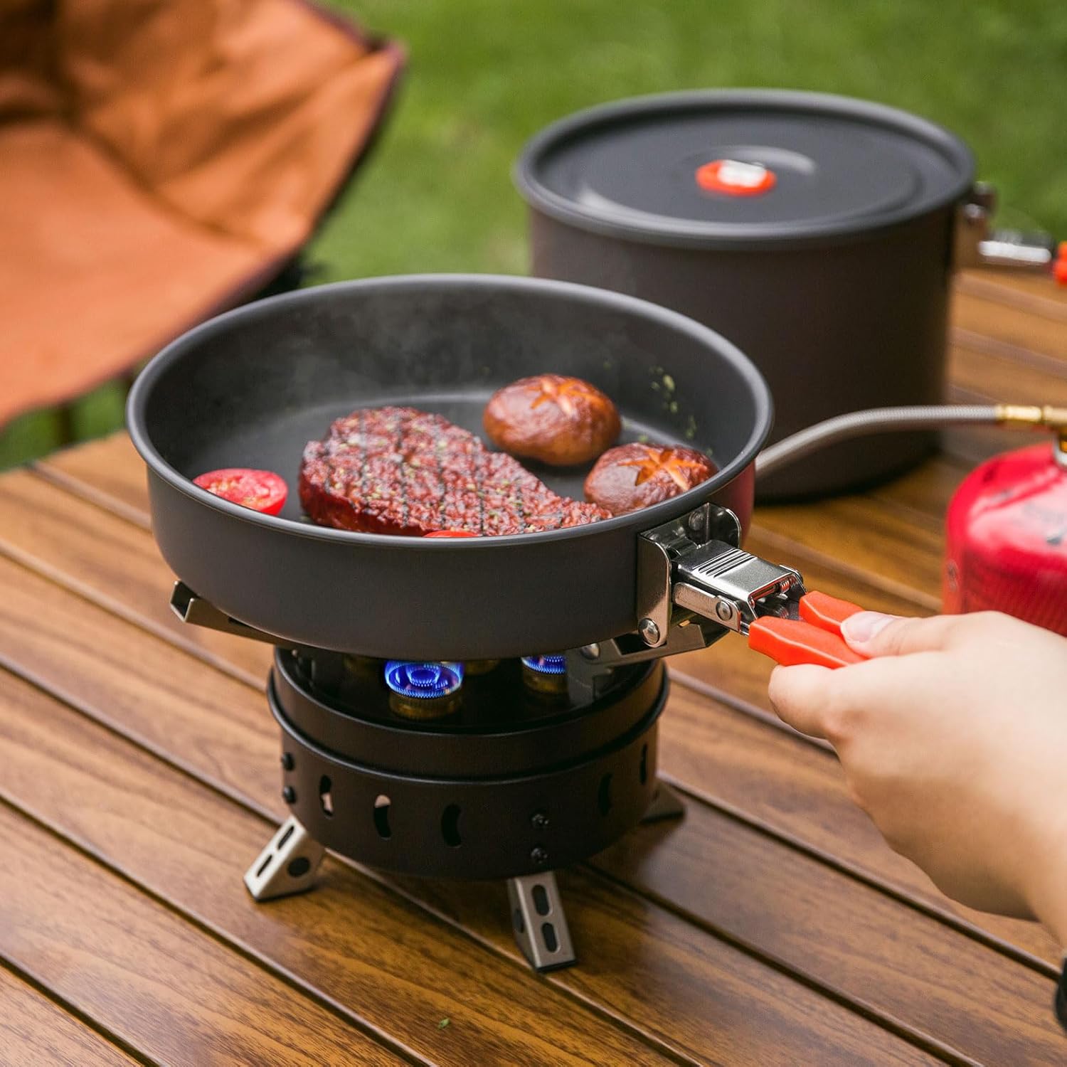 Odoland Kit de utensilios de cocina para camping, antiadherente, ligero, juego de ollas y sartenes con bolsa de malla para camping, mochileros,