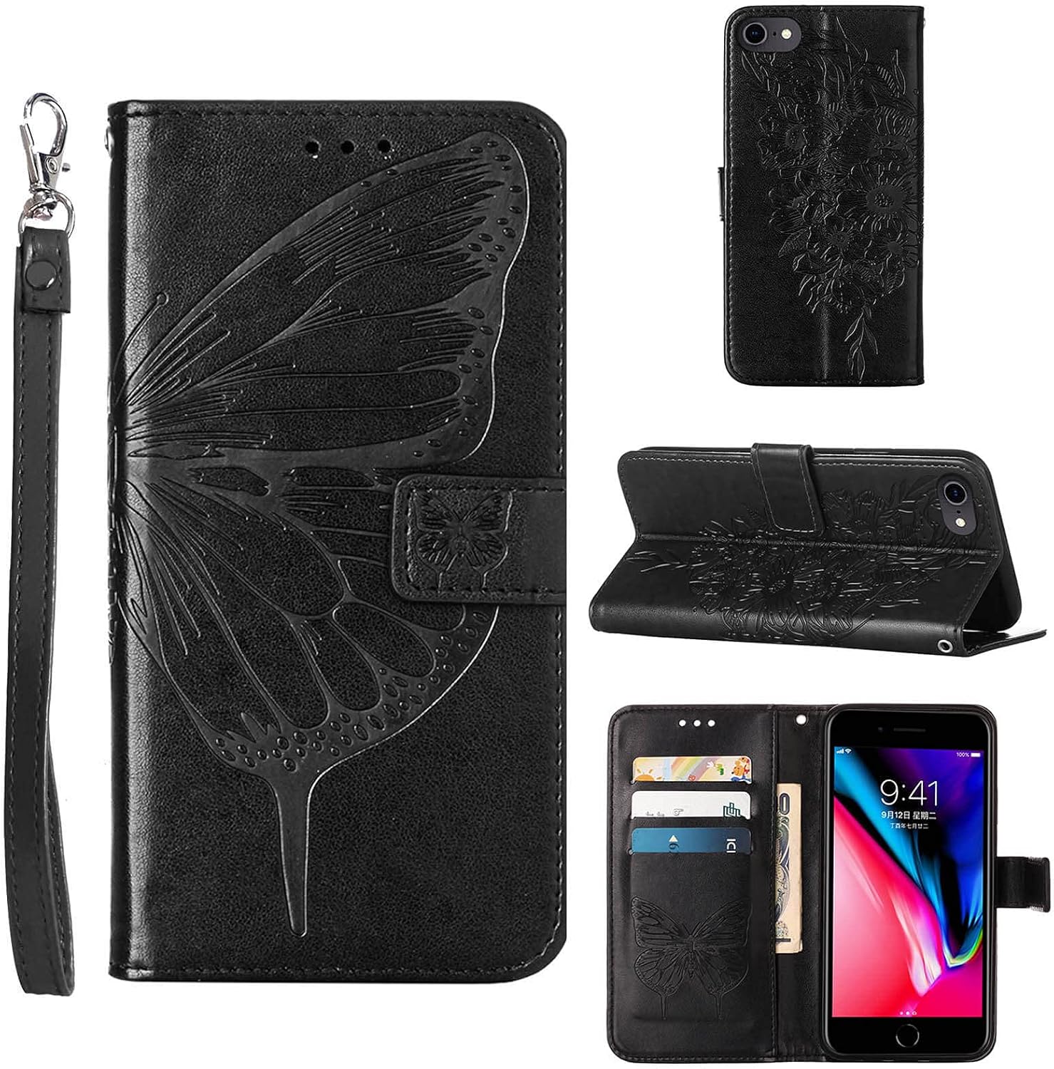 Funda compatible con iPhone SE 2022, iPhone 78, iPhone SE 2020, funda 66S, función atril, correa de muñeca, ranuras para tarjetero, funda protectora