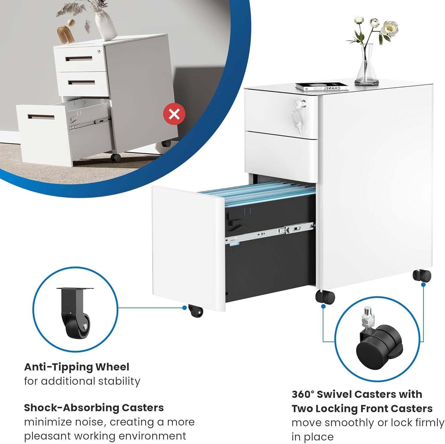 Mount-It! Pedestal de archivos móvil, archivador con 3 cajones, diseño delgado para almacenamiento debajo del escritorio para archivos, carpetas y