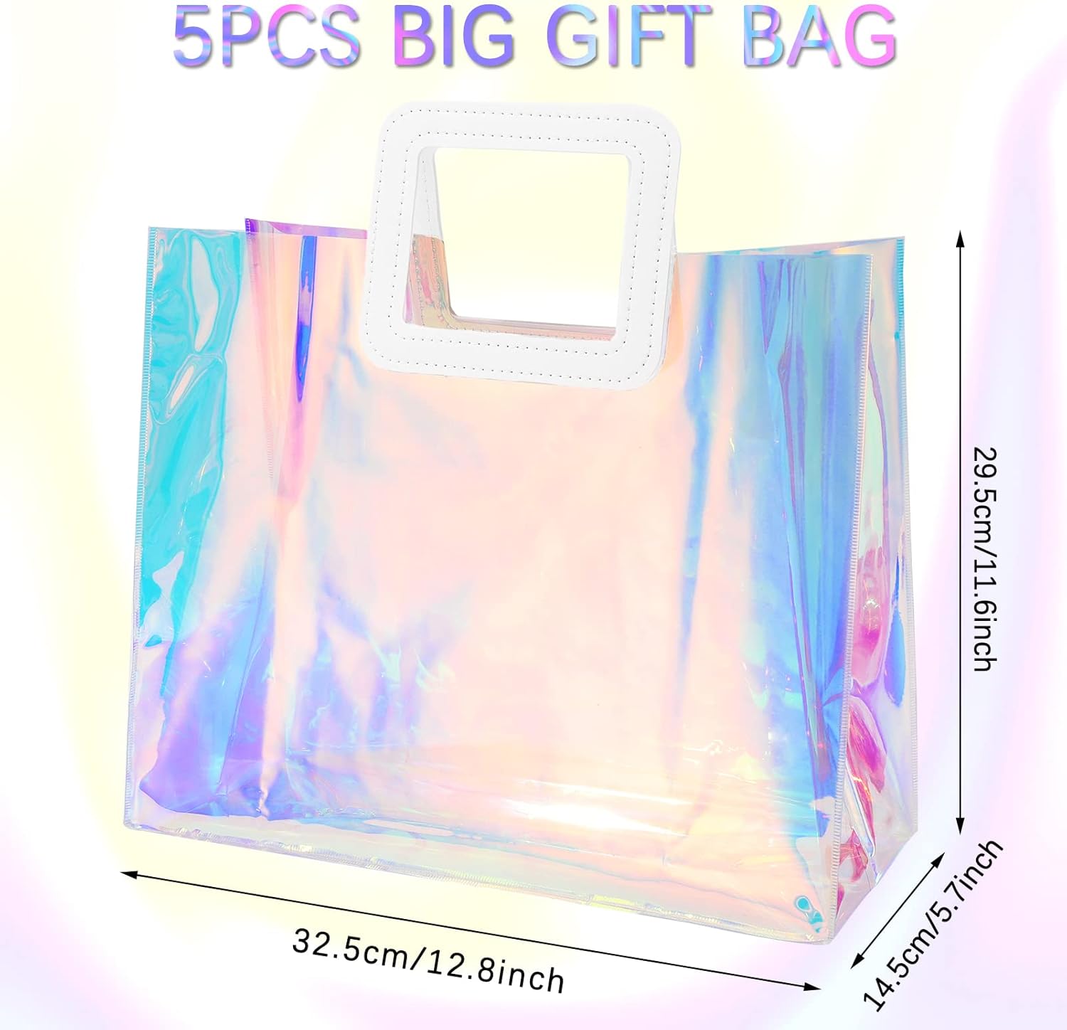 Whaline 5 bolsas de regalo holográficas grandes de 12.8 x 11.6 x 5.7 pulgadas, iridiscentes, transparentes, reutilizables, de PVC, bolsas de compras