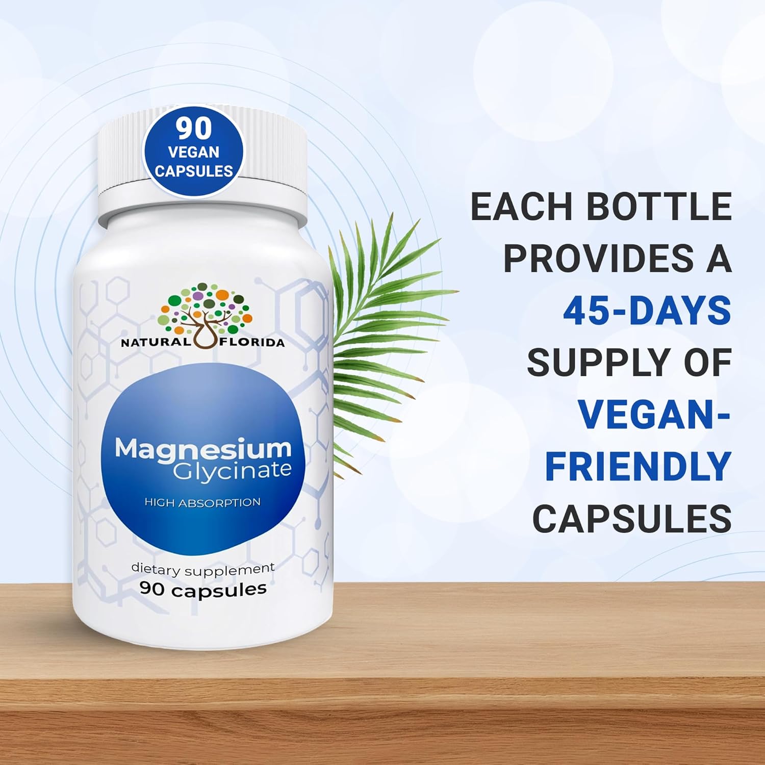 Glicinato de magnesio  Alta absorción, 90 cápsulas veganas, 220 mg por porción, Natural Florida, fabricado en Estados Unidos
