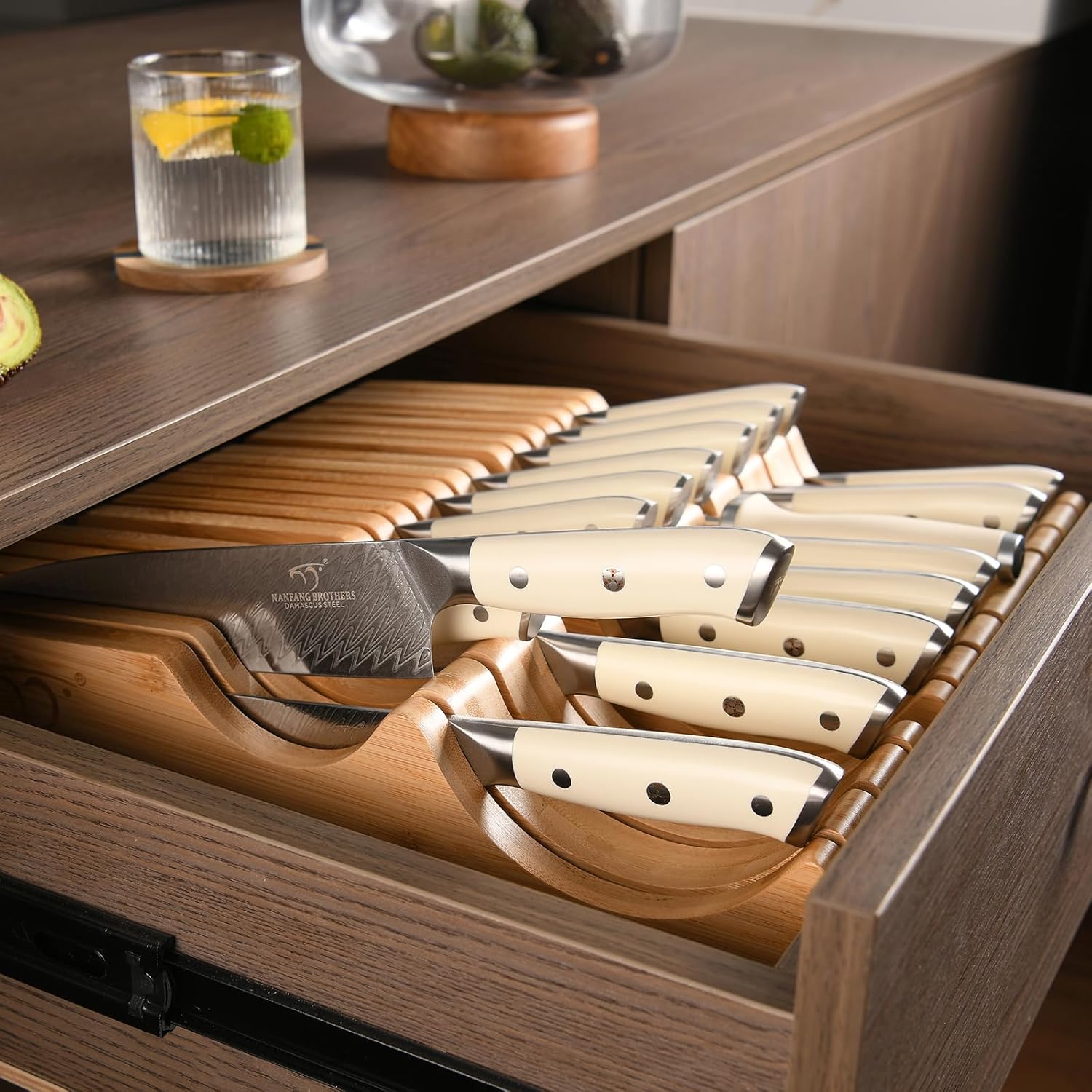 NANFANG BROTHERS Damascus – Juego de cuchillos de cocina de 14 piezas, mango ergonómico ABS para VG10 acero profesional cuchillos de chef con bloque