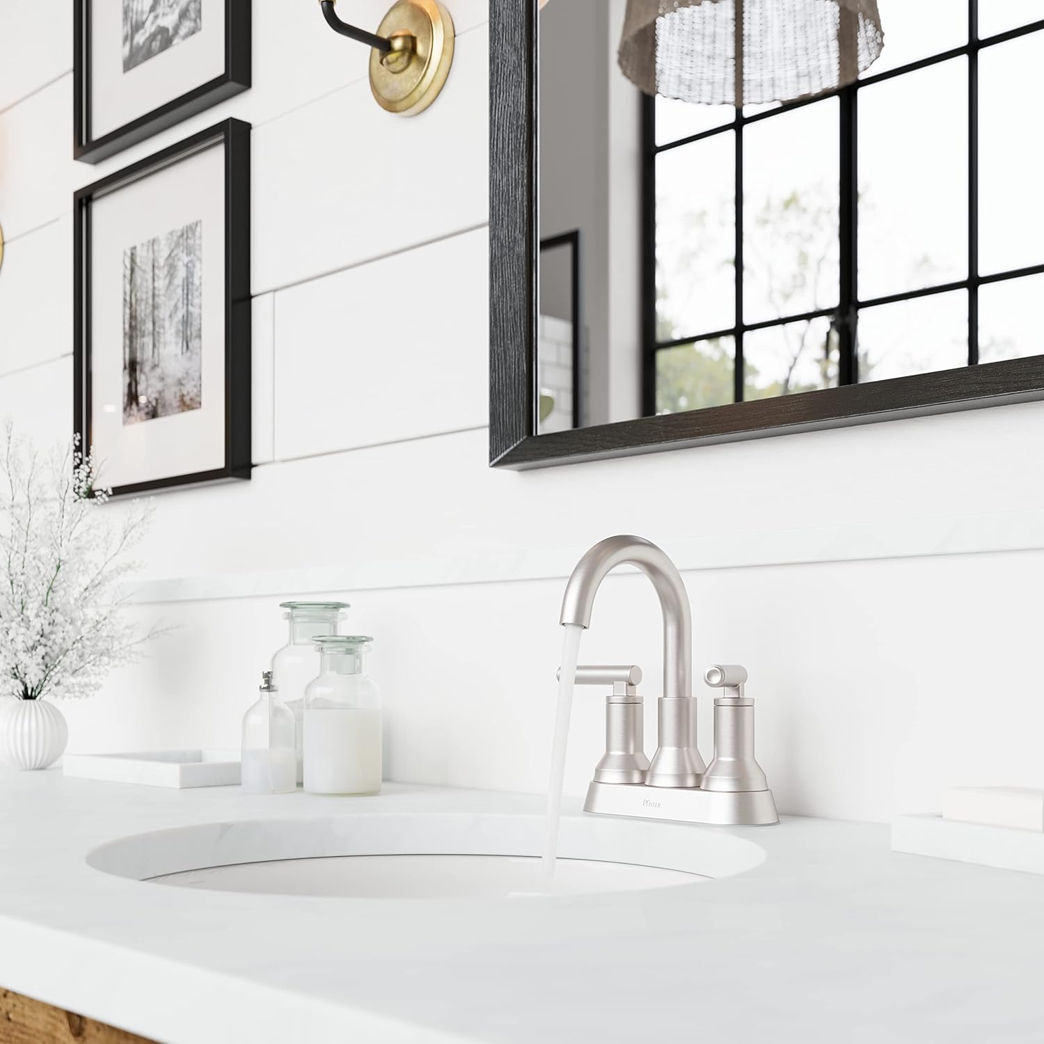 Pfister Capistrano LF048CSOGS – Grifo para lavabo de baño, centro de 4 pulgadas, 2 asas, 3 agujeros, acabado de níquel cepillado de defensa contra