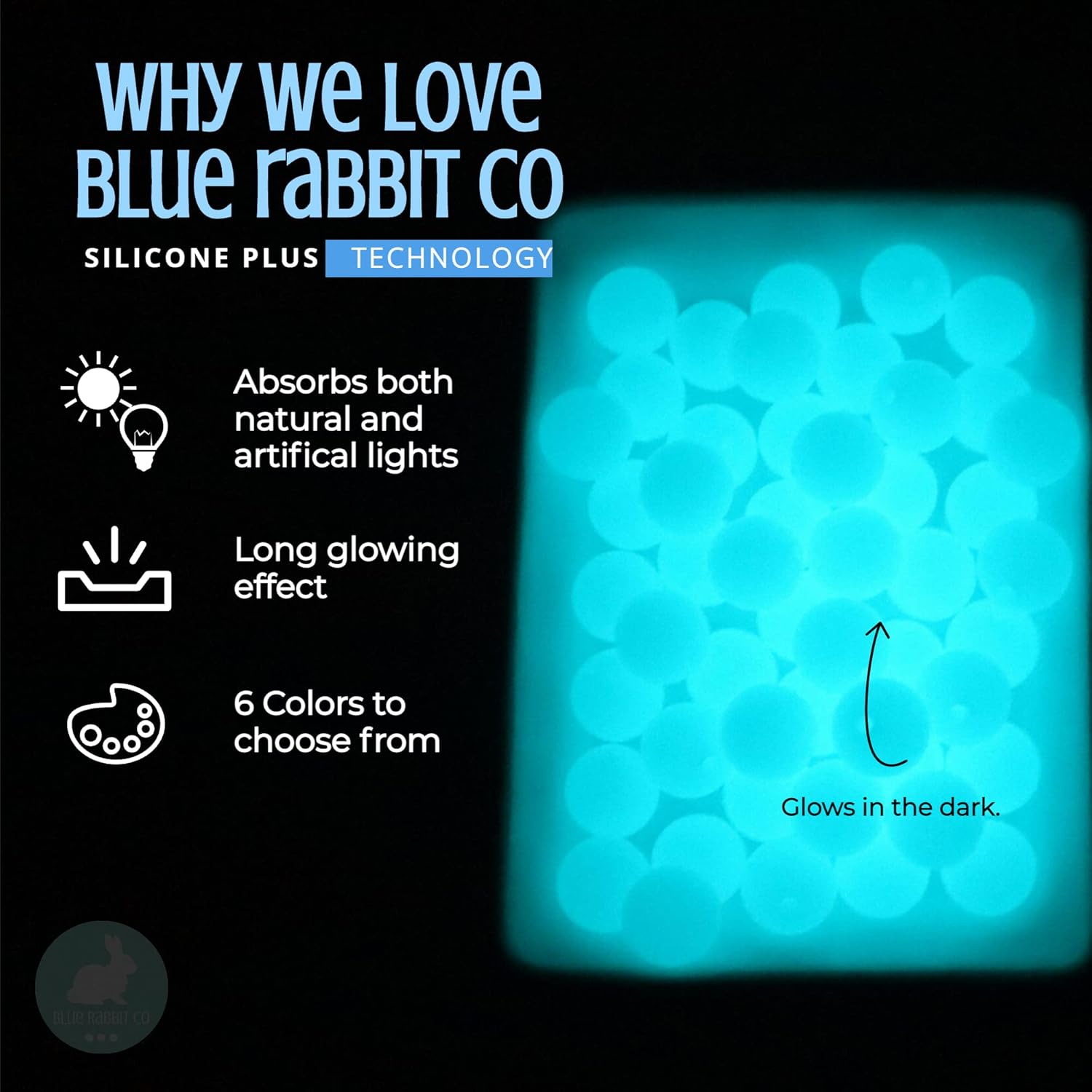 Blue RABBIT CO – Cuentas de silicona blancas que brillan en la oscuridad para hacer llaveros, collares, pulseras (0.472 pulgadas, 50 unidades),
