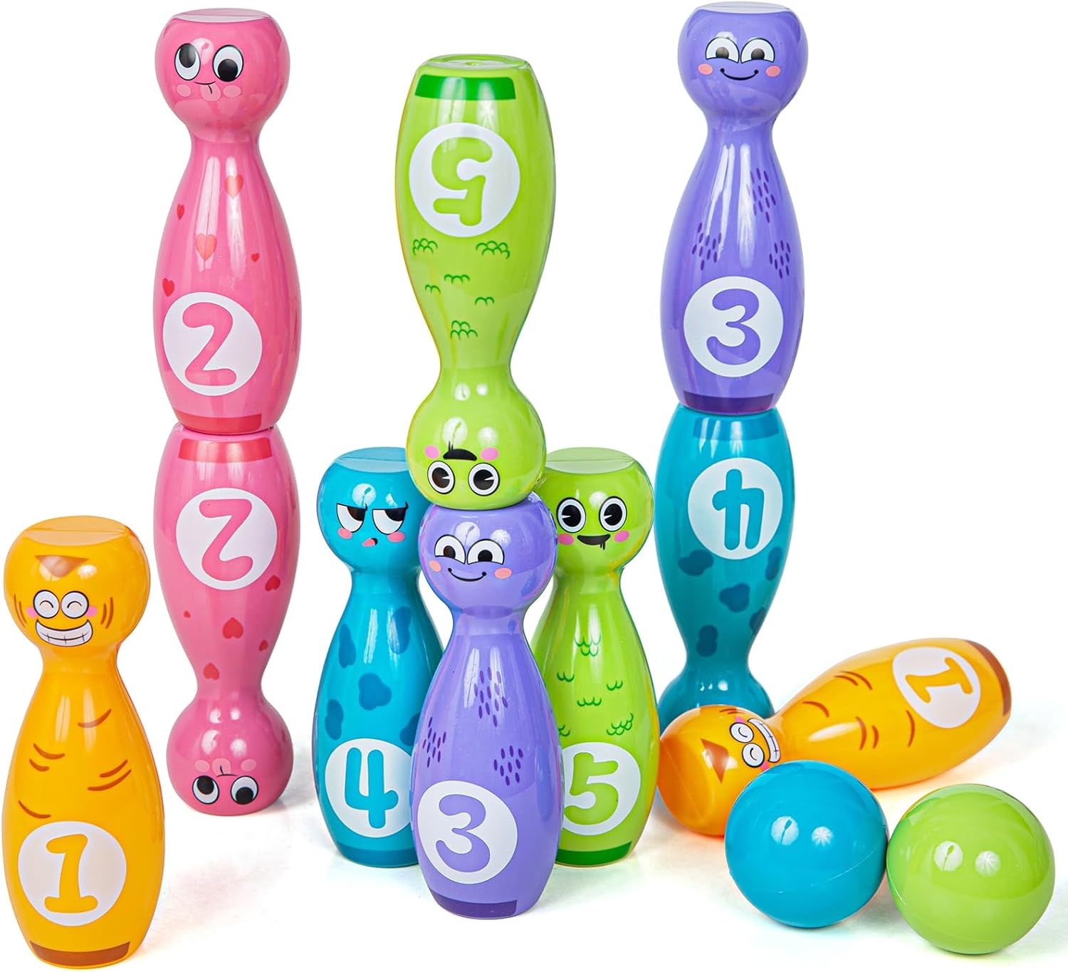 Juego de bolos para niños de 2 a 5 años, incluye 10 pines de plástico y 2 bolas, juegos de actividades en interiores, regalos de cumpleaños para