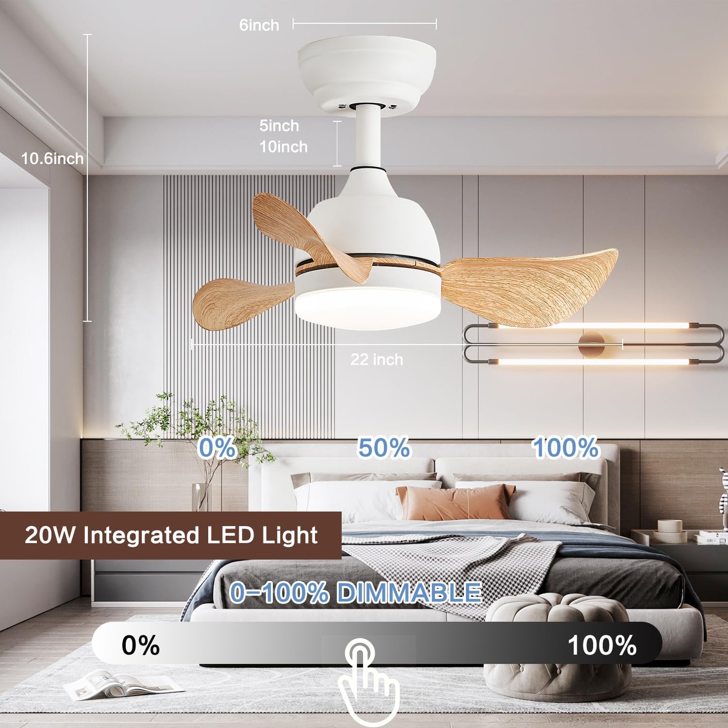 YOLIZUOT Ventiladores de techo regulables de 22 pulgadas con luces, ventilador de techo para exteriores con control remoto, motor de CC silencioso,