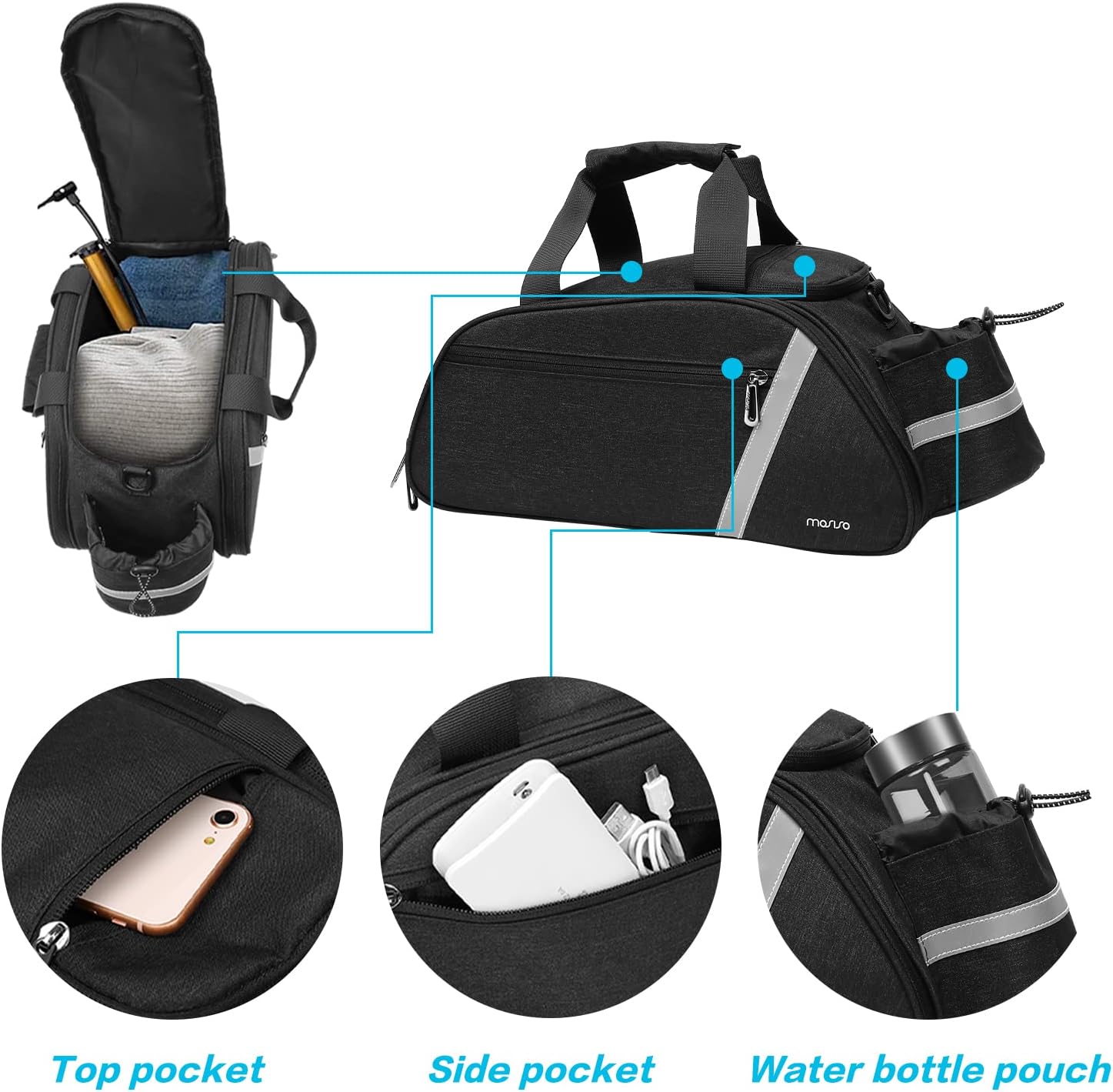 MOSISO Bolsa para portabicicletas, bolsa impermeable para maletero de bicicleta, bolsa de asiento trasero para ciclismo, soporte reflectante para