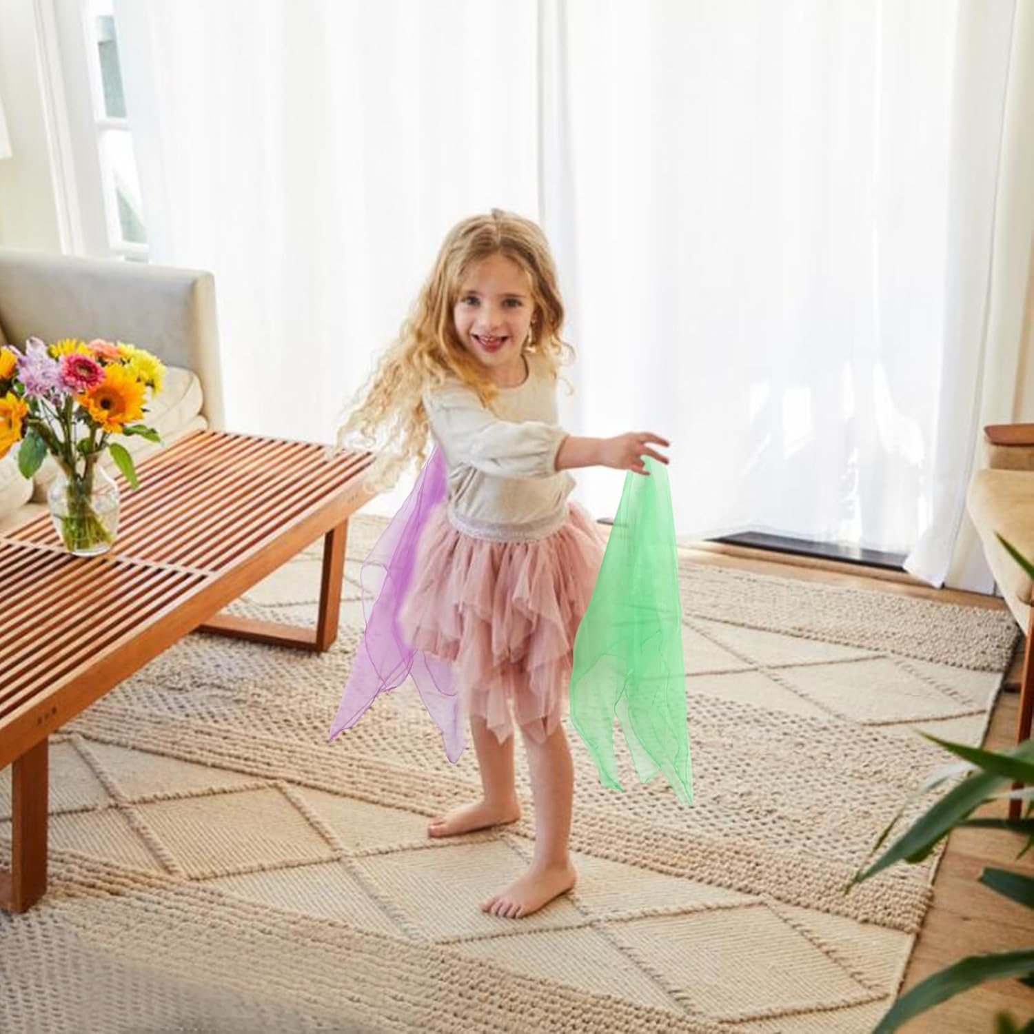 KIMOBER 12 bufandas cuadradas de baile, 12 colores malabares de seda, trucos de magia de música, accesorios para niños pequeños (24 x 24 pulgadas)
