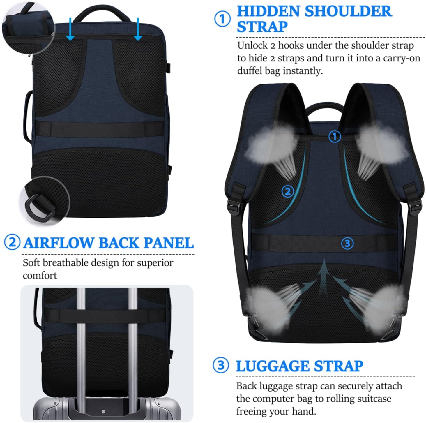 IGOLUMON Mochila de viaje para hombres y mujeres, 40L, aprobada para vuelo, mochila de transporte impermeable de 17 pulgadas para laptop, Azul